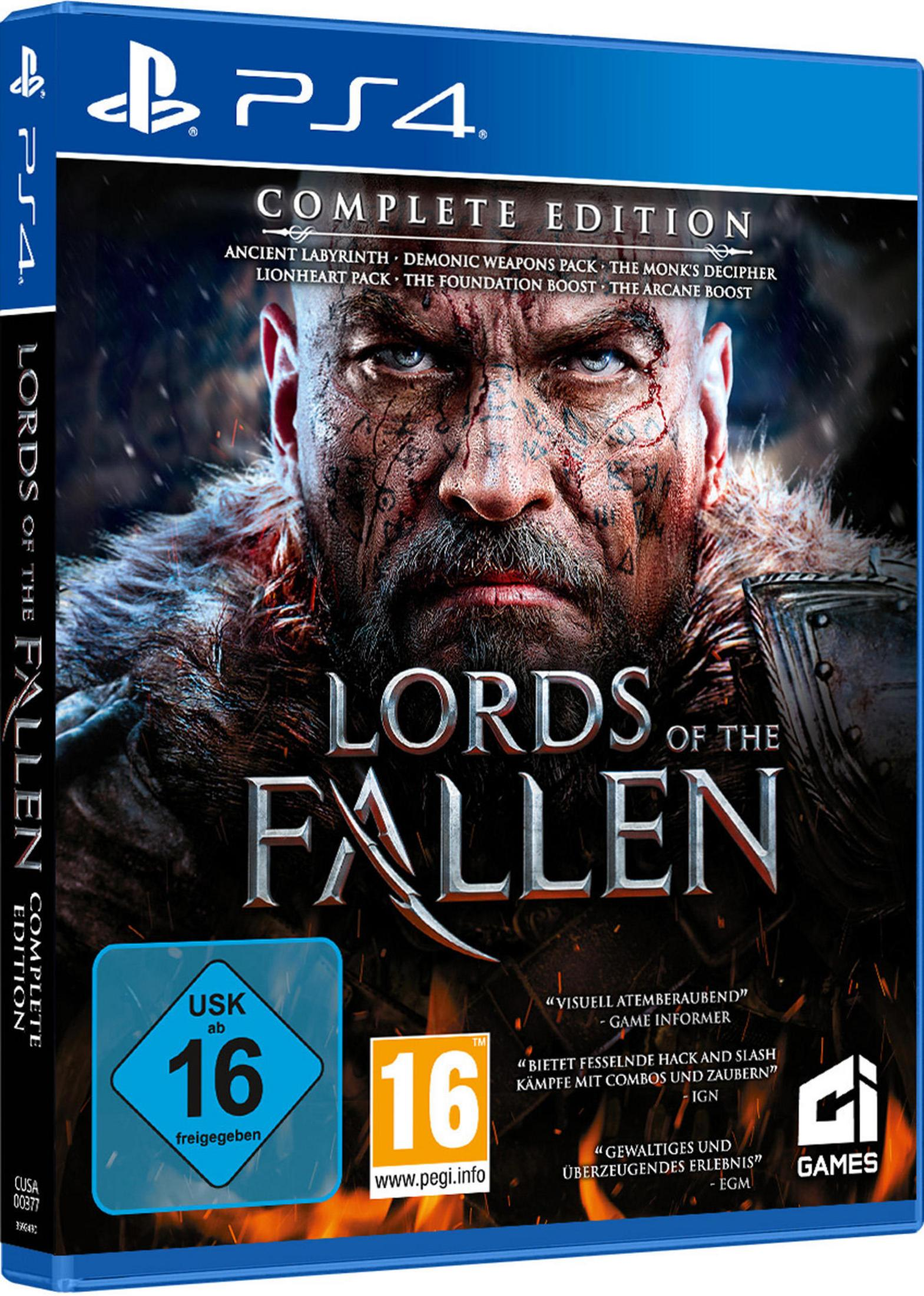 Lords of the Fallen-Spielcover: Ein Krieger mit Gesichtstätowierungen und dem Spieletitel.