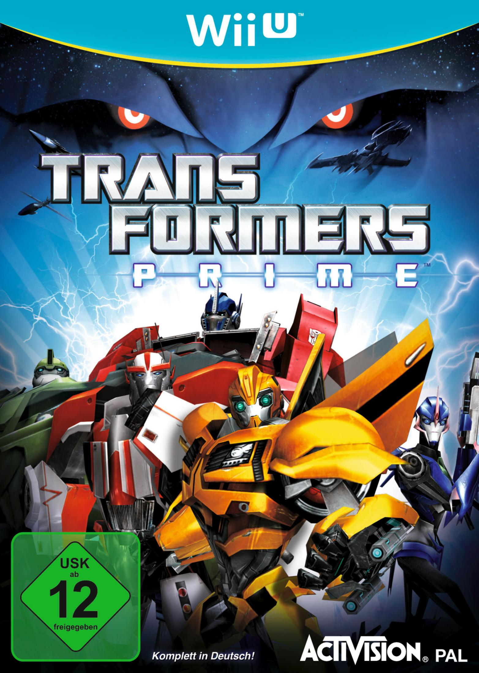 Wii U-Spielcover von Transformers Prime. Roboter und dunkler Hintergrund mit Blitz.