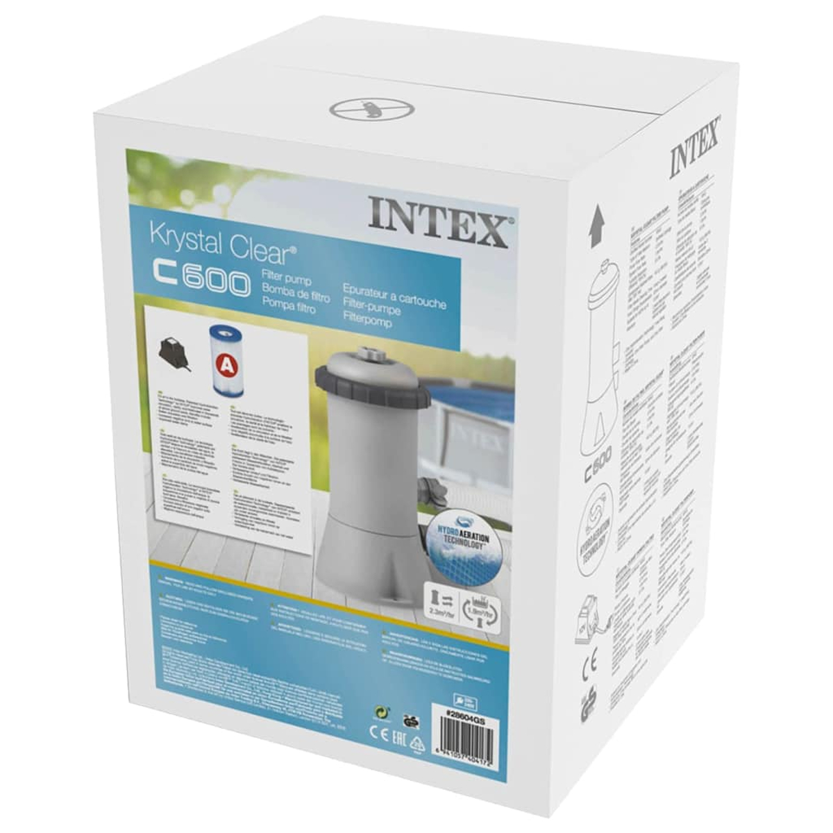Eine weiße und graue Intex-Box mit einer C600 Krystal Clear Filterpumpe für einen Pool.
