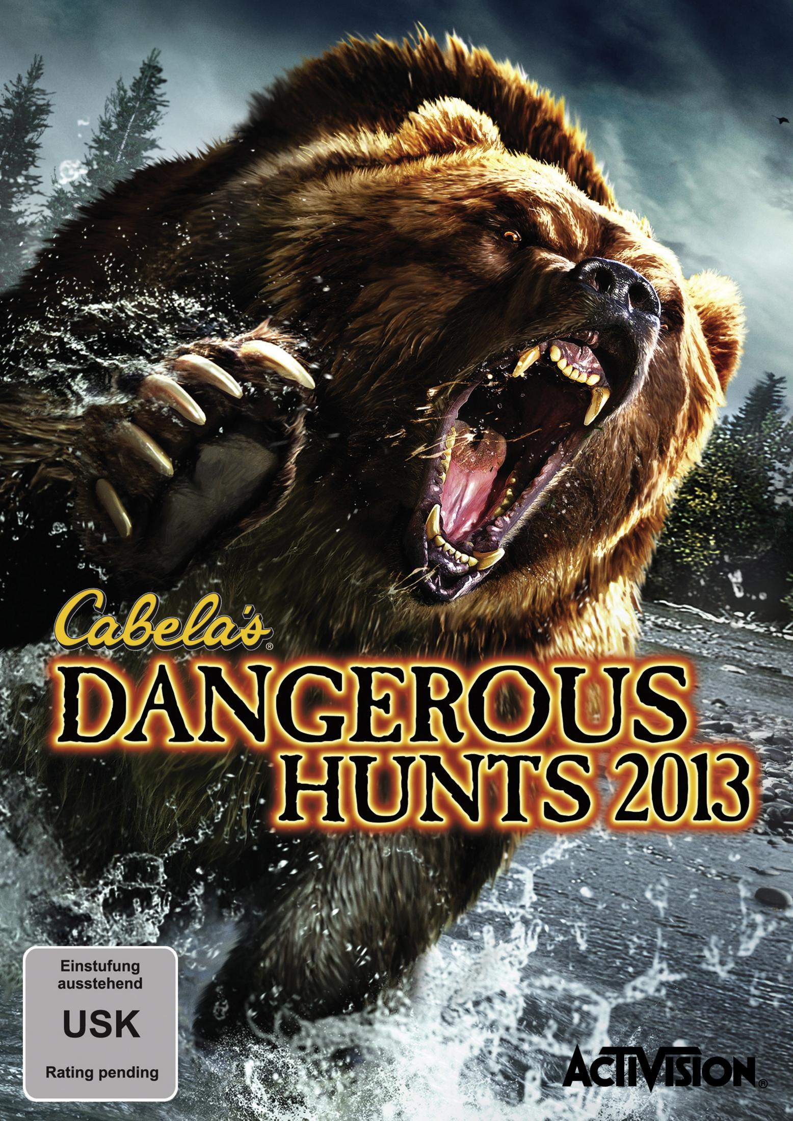 Spielcover für 'Cabela's Dangerous Hunts 2013'. Ein Bär brüllt, mit Waldhintergrund und USK-Bewertung.