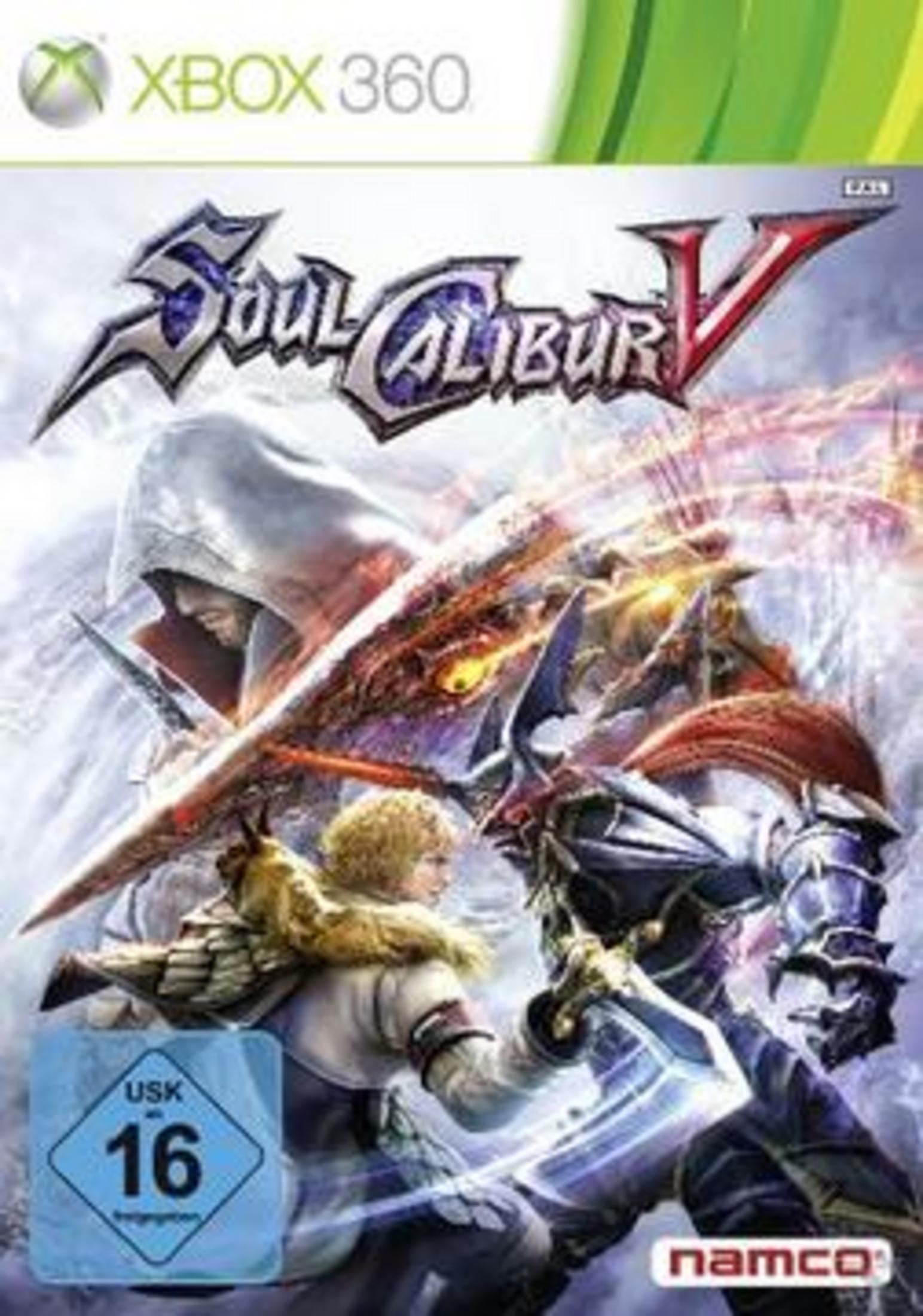 Spielcover: Charaktere mit Schwertern, kämpfend. Titel: Soul Calibur V. Xbox 360 Logo. Namco Logo.