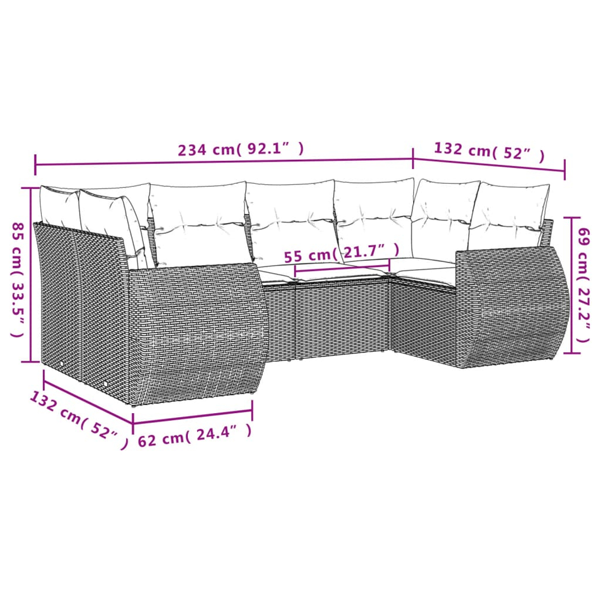 Un divano componibile con dimensioni etichettate. È in vimini grigio con cuscini e un diagramma.