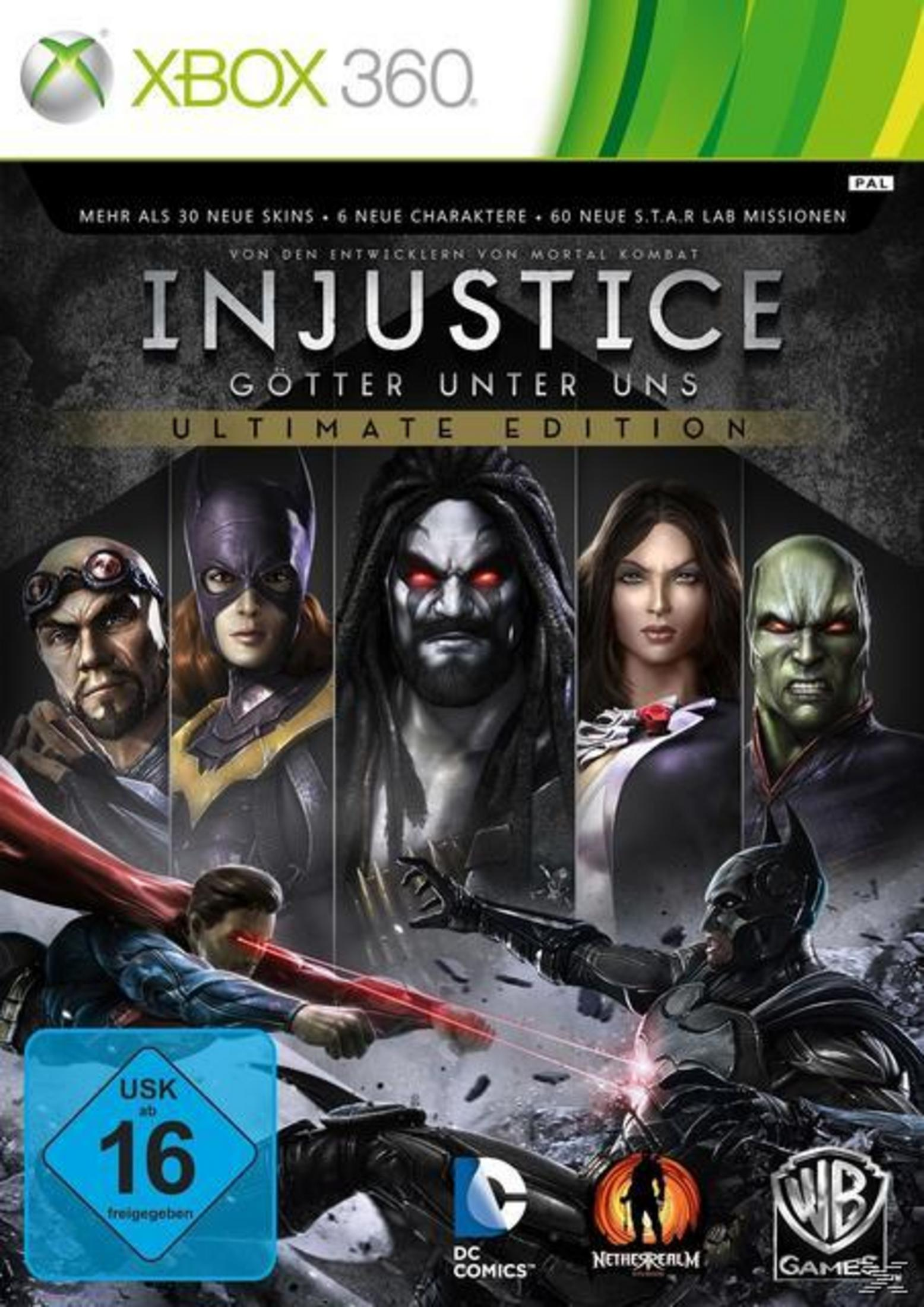 Spielcover für 'Injustice: Götter unter uns' mit mehreren DC Comics-Charakteren in Aktion.