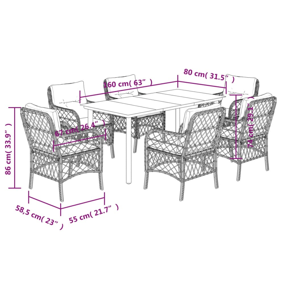 Essgruppe für den Außenbereich mit Tisch und Stühlen, beschriftete Abmessungen im Diagramm.