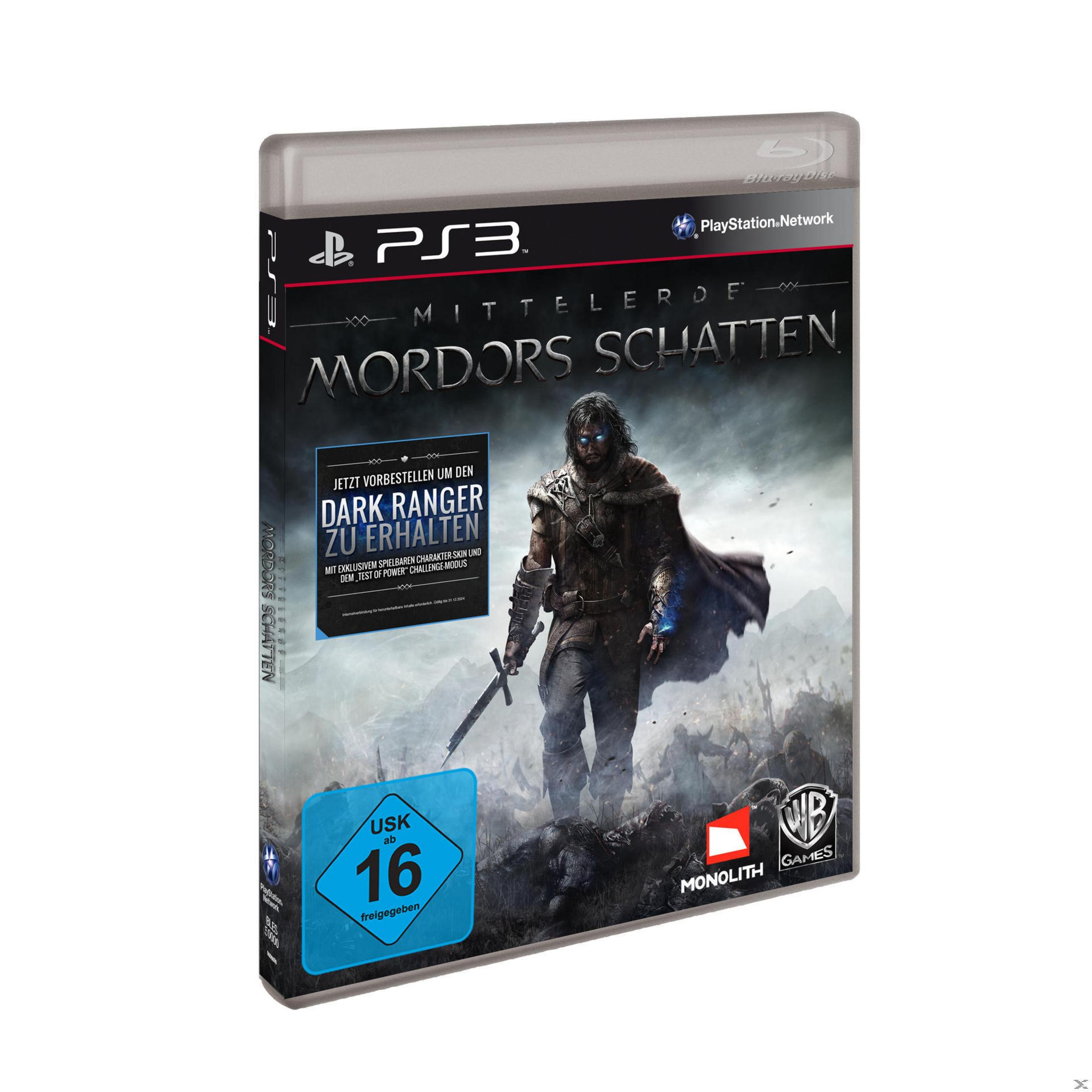 Spielbox für Mittelerde: Schatten von Mordor auf PS3 mit einem dunklen Krieger, der ein Schwert hält.