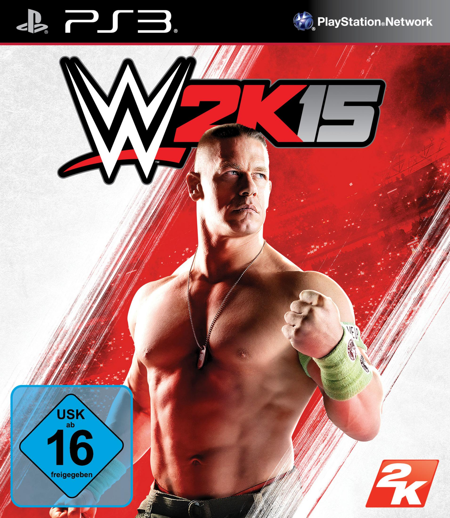 Spiel-Cover: WWE 2K15, mit John Cena in Wrestling-Pose.