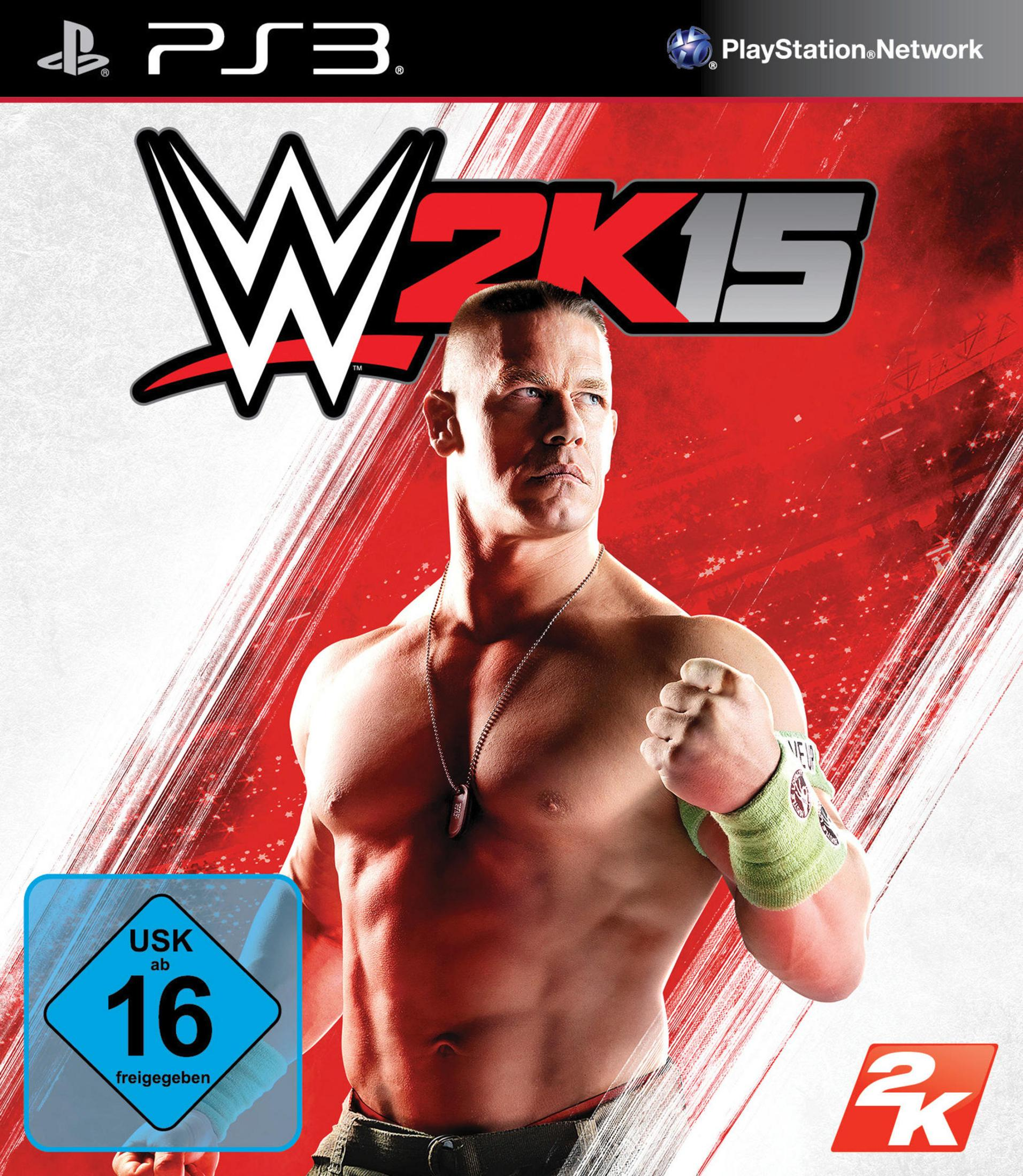 PS3 WWE 2K15-Spielcover mit John Cena ohne Hemd, der seinen Bizeps beugt, mit USK 16-Bewertung. Roter und weißer Hintergrund.