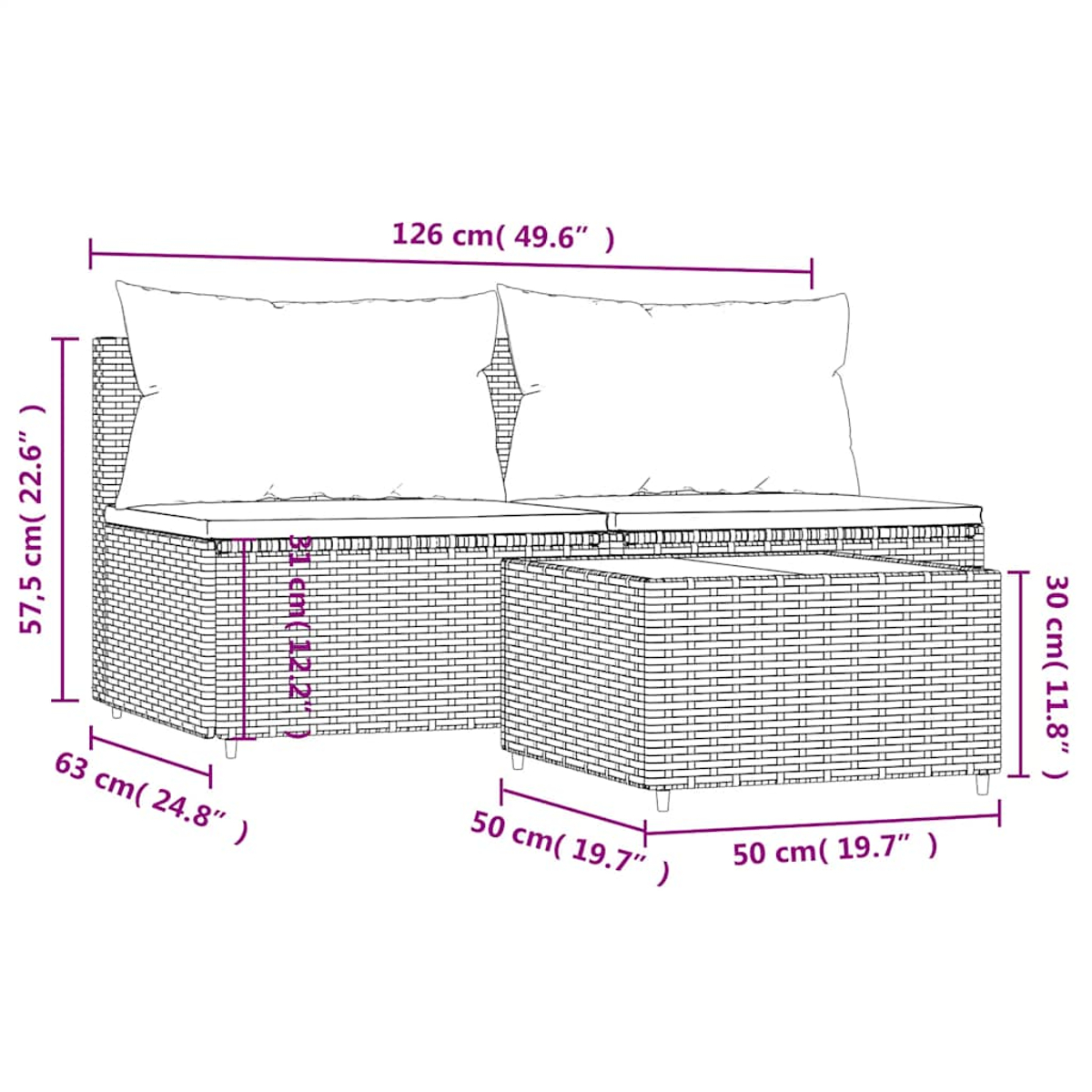 Diagramm eines Sofa- und Ottomanen-Sets. Zeigt Abmessungen in Zentimetern und Zoll. Graues Webmaterial und Kissen.