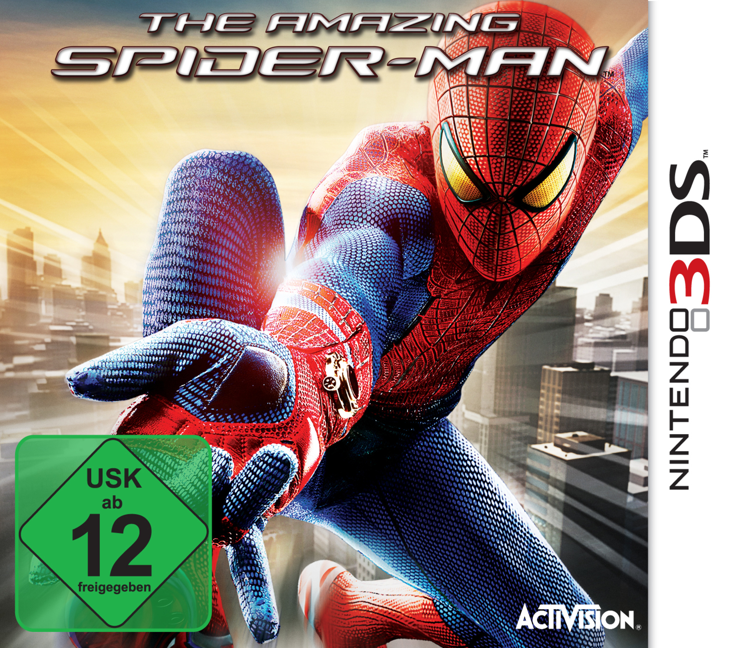 3DS-Spielcover von The Amazing Spider-Man. Spider-Man im roten Anzug, blaue Handschuhe.