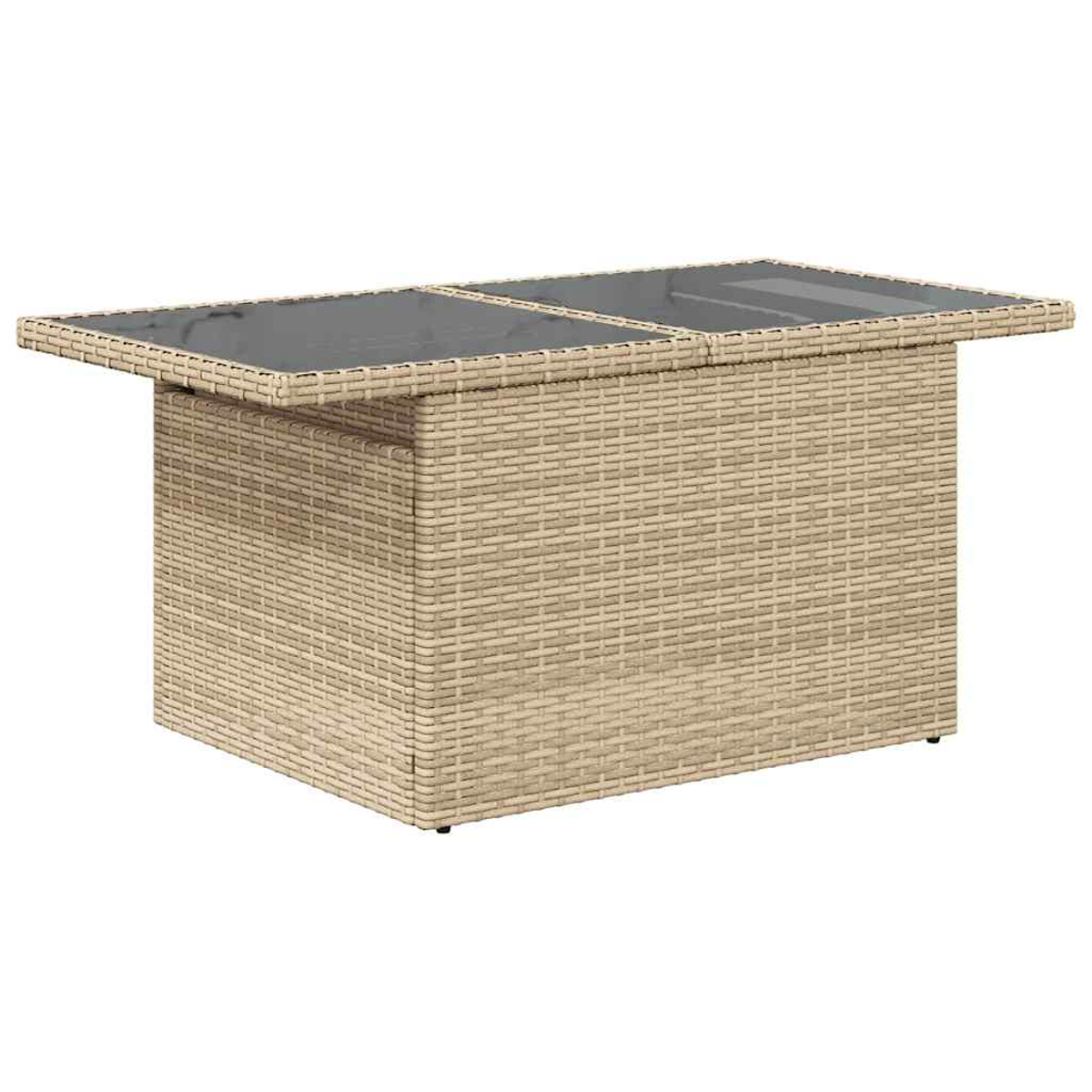 Tavolino rettangolare in rattan con piano in vetro, colore beige, design semplice.