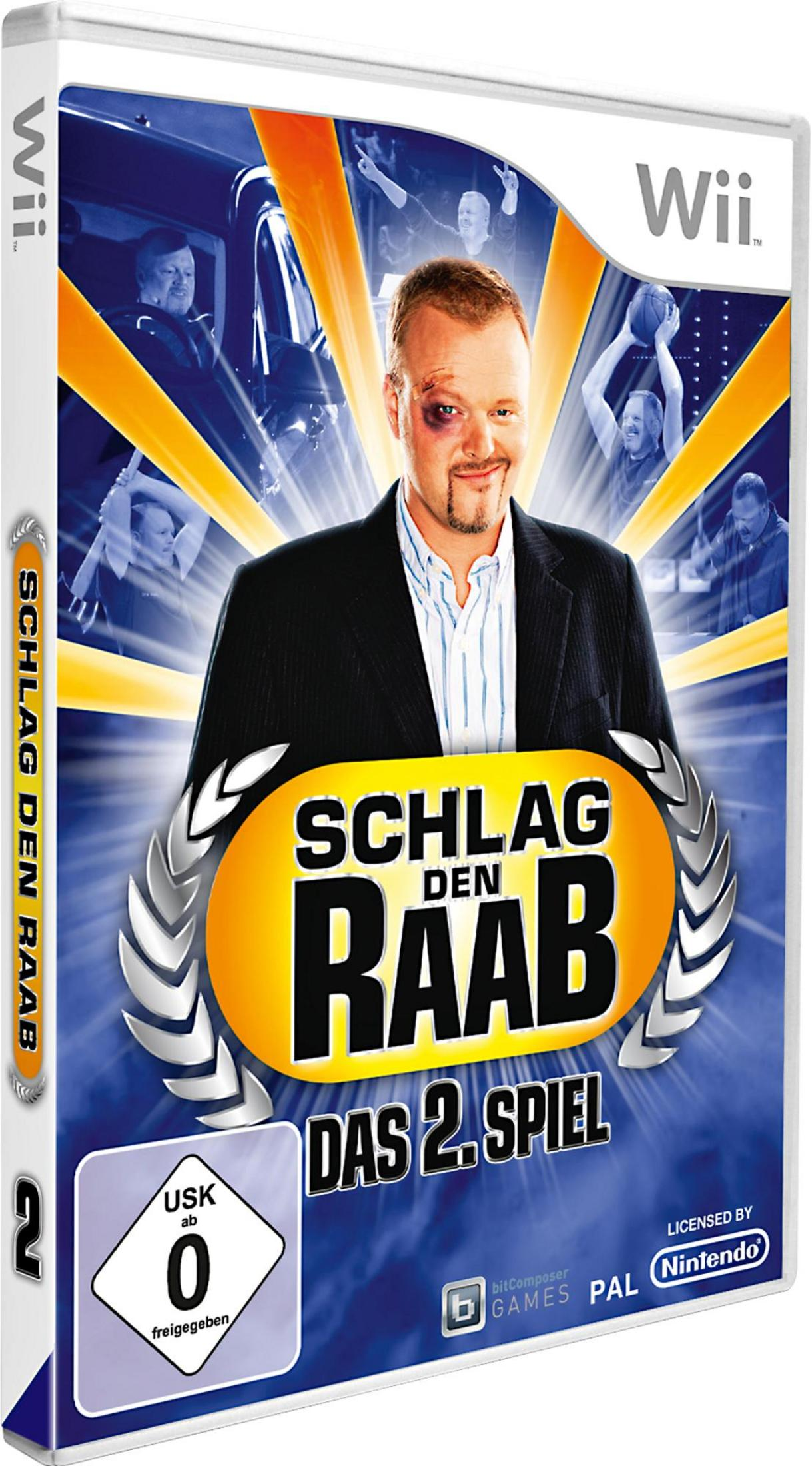 Wii-Spielhülle. Zeigt einen Mann mit blauem Auge, der lächelt. Der Titel lautet 'Schlag den Raab'.