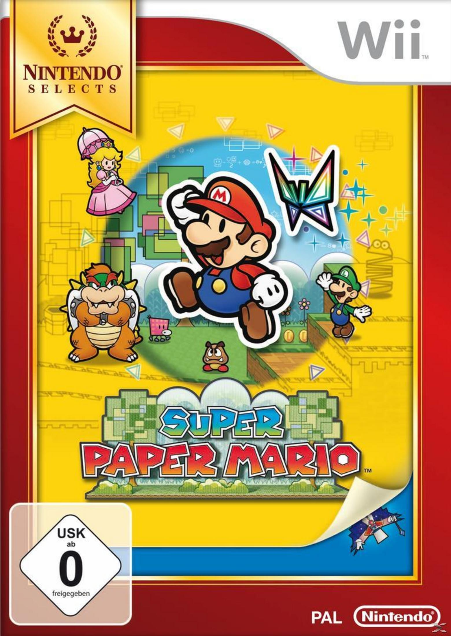 Super Paper Mario-Spielcover für Wii. Mario springt mit anderen Charakteren.