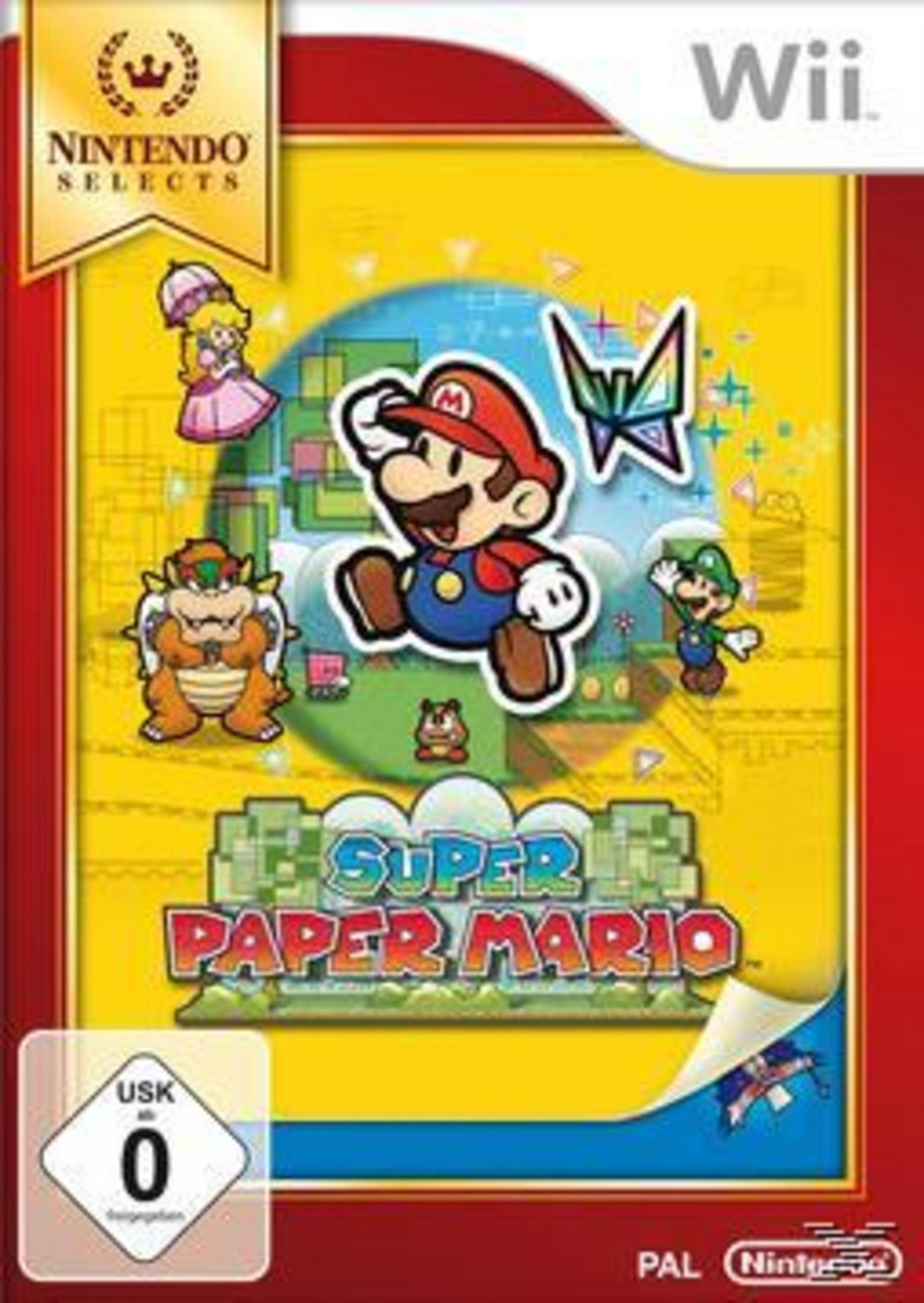 Wii-Spielbox-Art für 'Super Paper Mario'. Mario springt auf buntem Hintergrund mit anderen Charakteren.