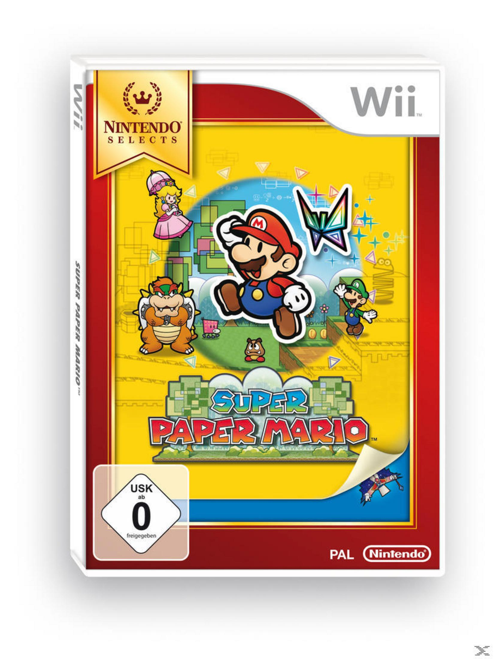 Wii-Spielbox-Art für 'Super Paper Mario'. Mario springt auf buntem Hintergrund mit anderen Charakteren.
