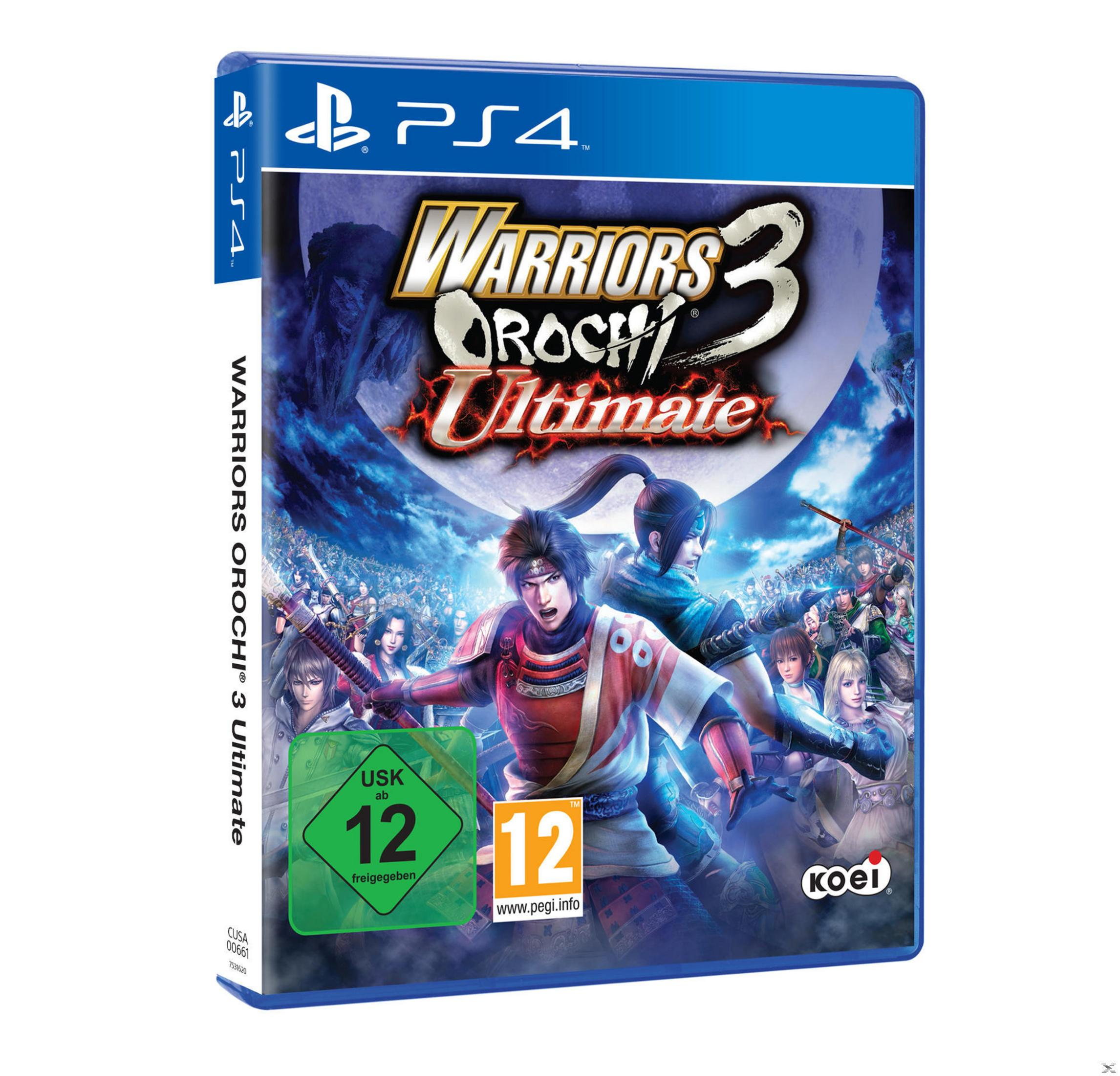 PS4-Spielbox-Art für 'Warriors Orochi 3 Ultimate' mit dem Spieltitel und den abgebildeten Charakteren.