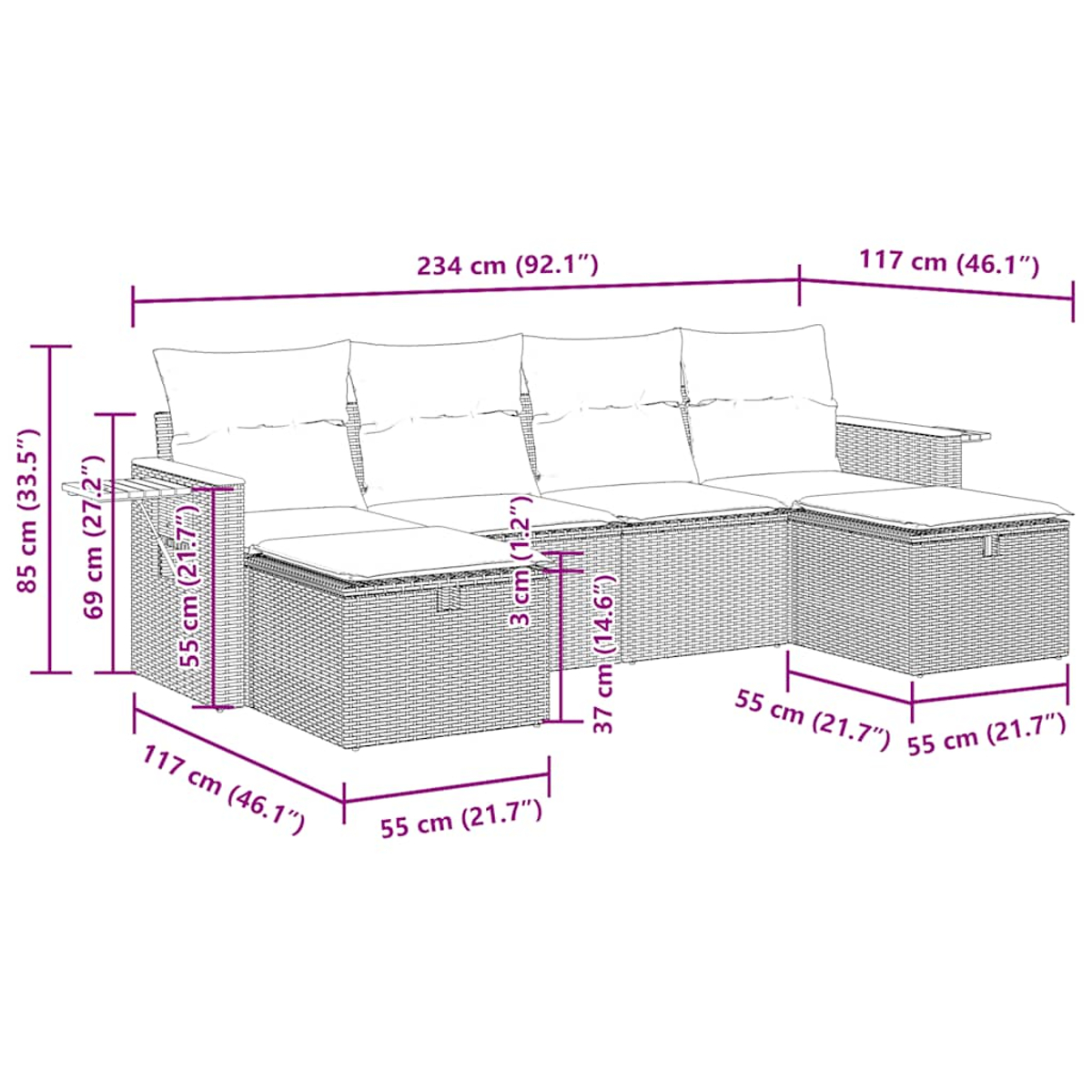 Divano in rattan con dimensioni. Include cuscini e un pouf.