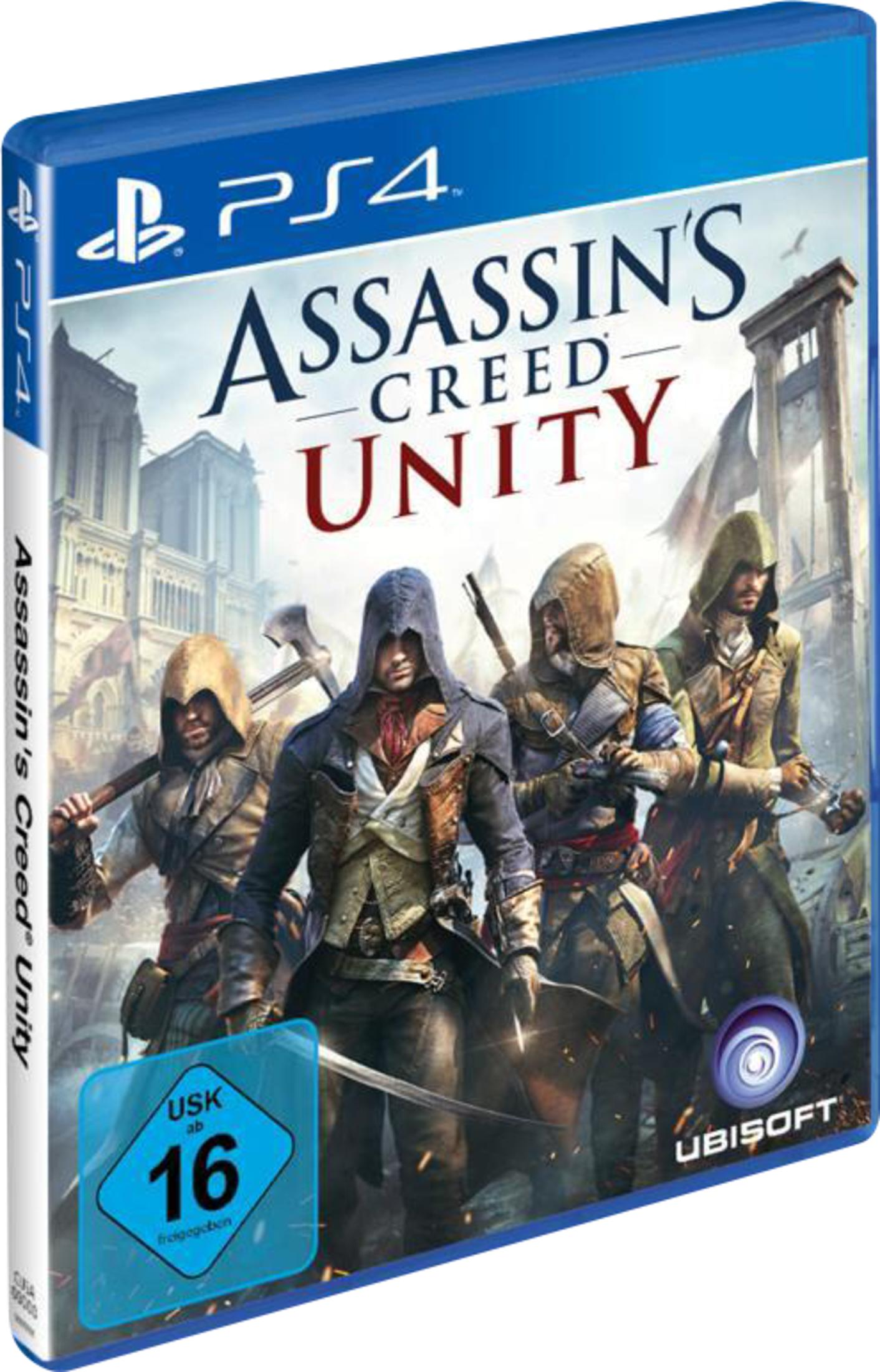Assassin's Creed Unity Spielhülle. Vier Assassinen stehen vor einer Stadt. Eine USK-Bewertung ist sichtbar.