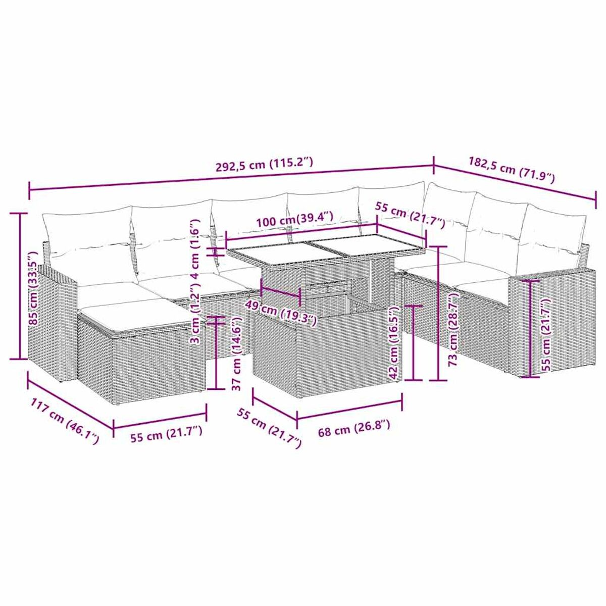 Un diagramma di mobili da esterno. Mostra un divano componibile e un tavolo con dimensioni etichettate in cm e pollici.