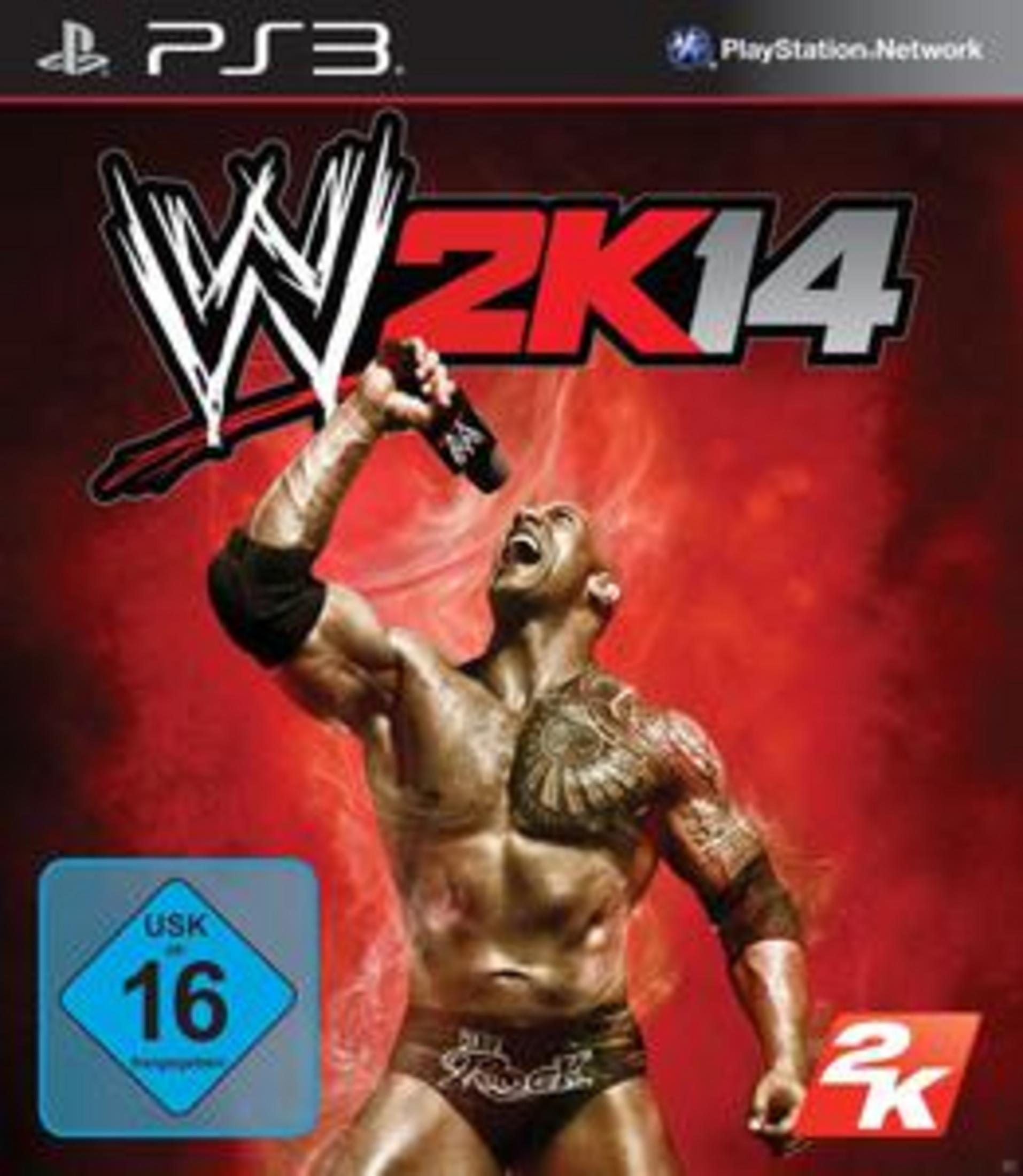 Spielcover mit The Rock, der ein Mikrofon hält, mit dem Titel 'WWE 2K14' und rotem Hintergrund.