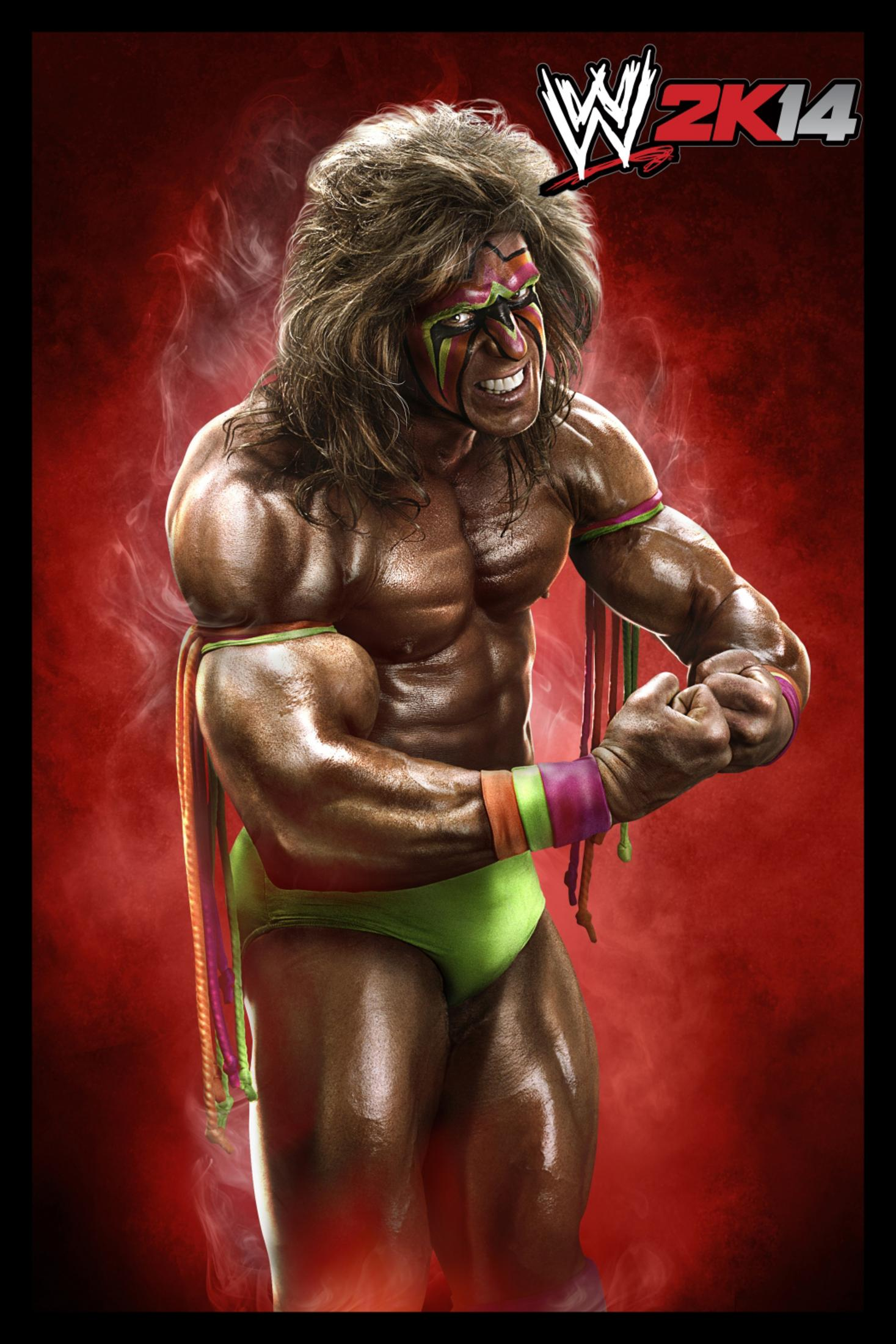 Wrestler im Ring, der seine Muskeln anspannt. Gesichtsbemalung ist sichtbar. Das WWE 2K14 Logo ist zu sehen.