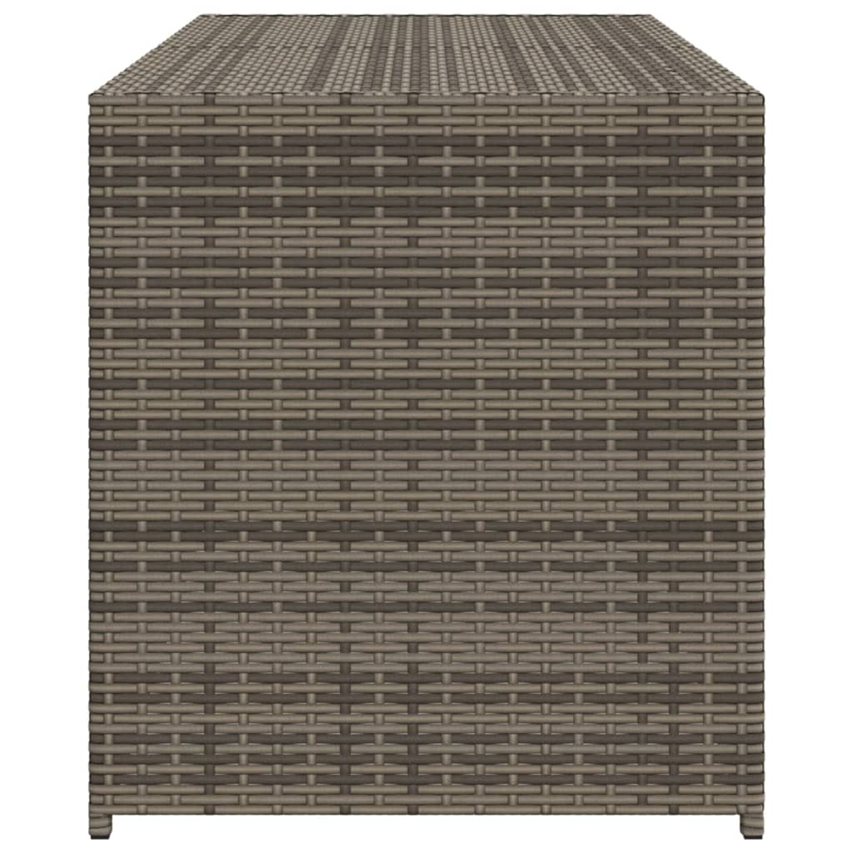 Ein rechteckiger, gewebter Beistelltisch für den Außenbereich, braun und beige, mit detailliertem Muster.