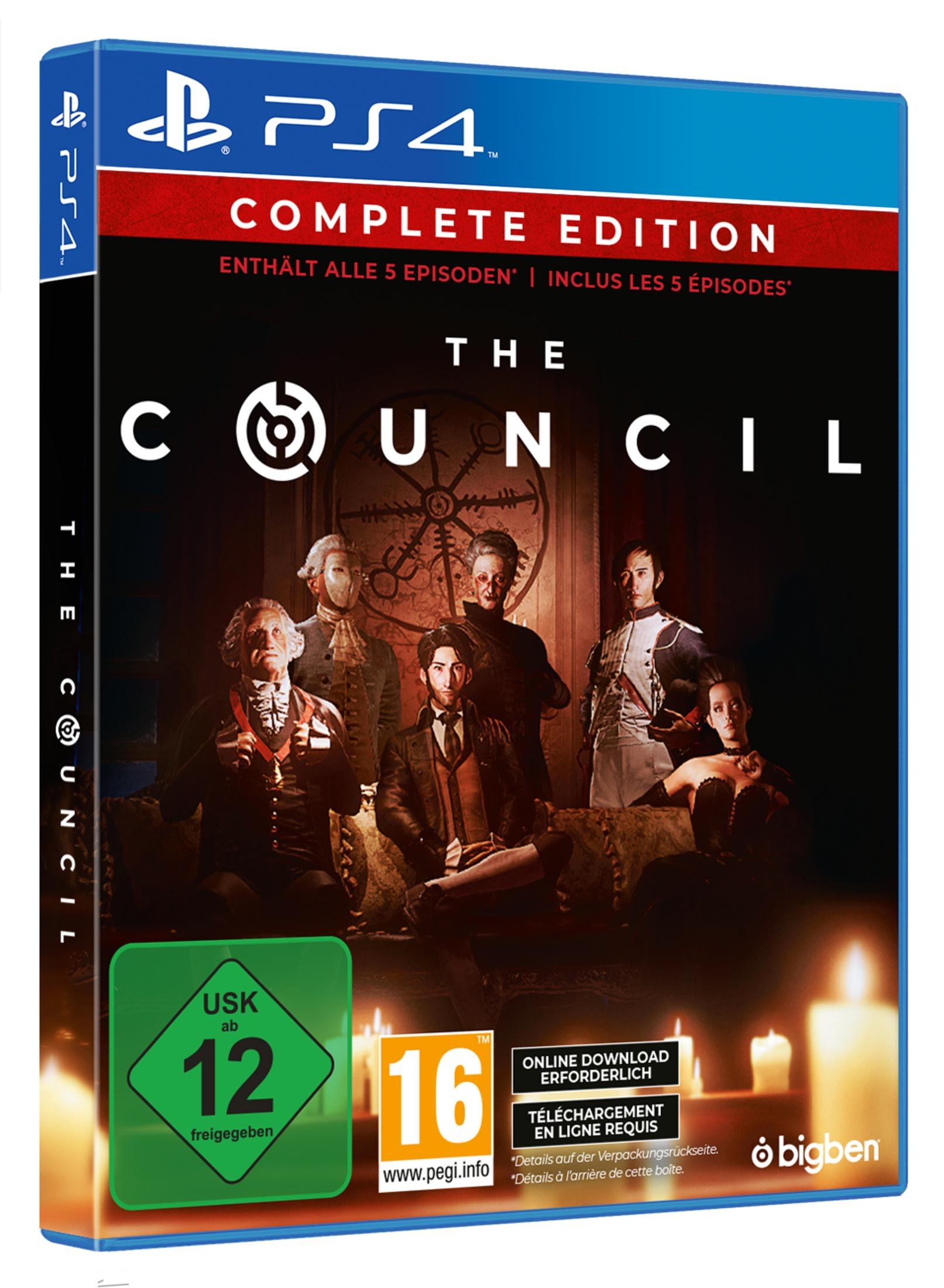 Das Cover des PS4-Spiels 'The Council: Complete Edition'. Es zeigt mehrere Personen in historischer Kleidung.