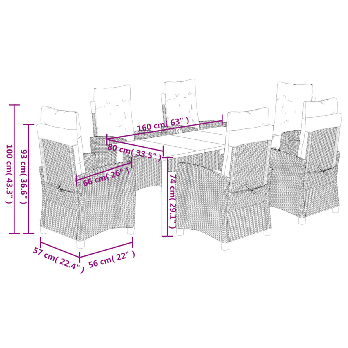 Set di mobili da giardino in rattan con dimensioni. Include un tavolo e sei sedie.