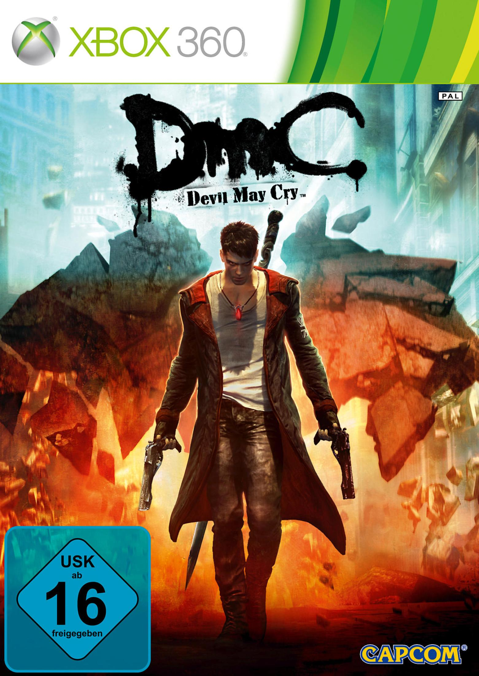 Xbox 360-Spielcover. Mann mit Waffen, Logo DMC Devil May Cry.