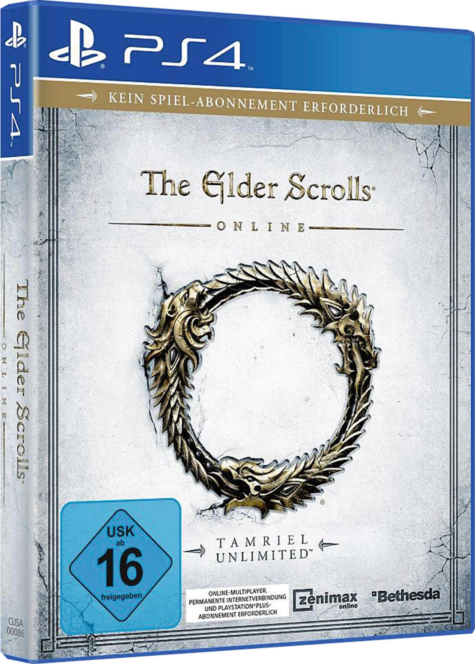 The Elder Scrolls Online-Spielbox-Artwork. Goldenes kreisförmiges Emblem auf strukturiertem Hintergrund. Dunkle Töne mit blauem Rahmen.