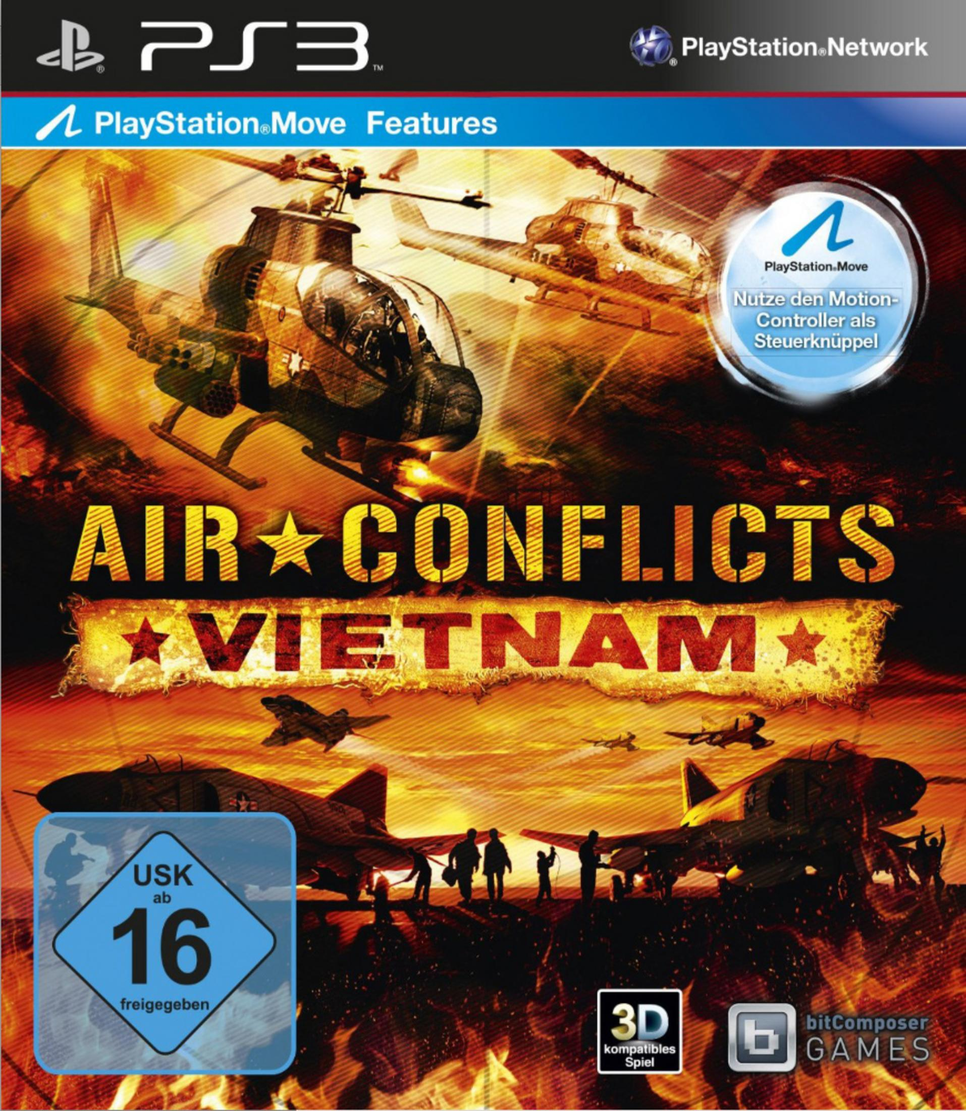 Spielbox für PS3, mit Hubschraubern, Text 'Air Conflicts Vietnam' und Bewertungsinformationen.