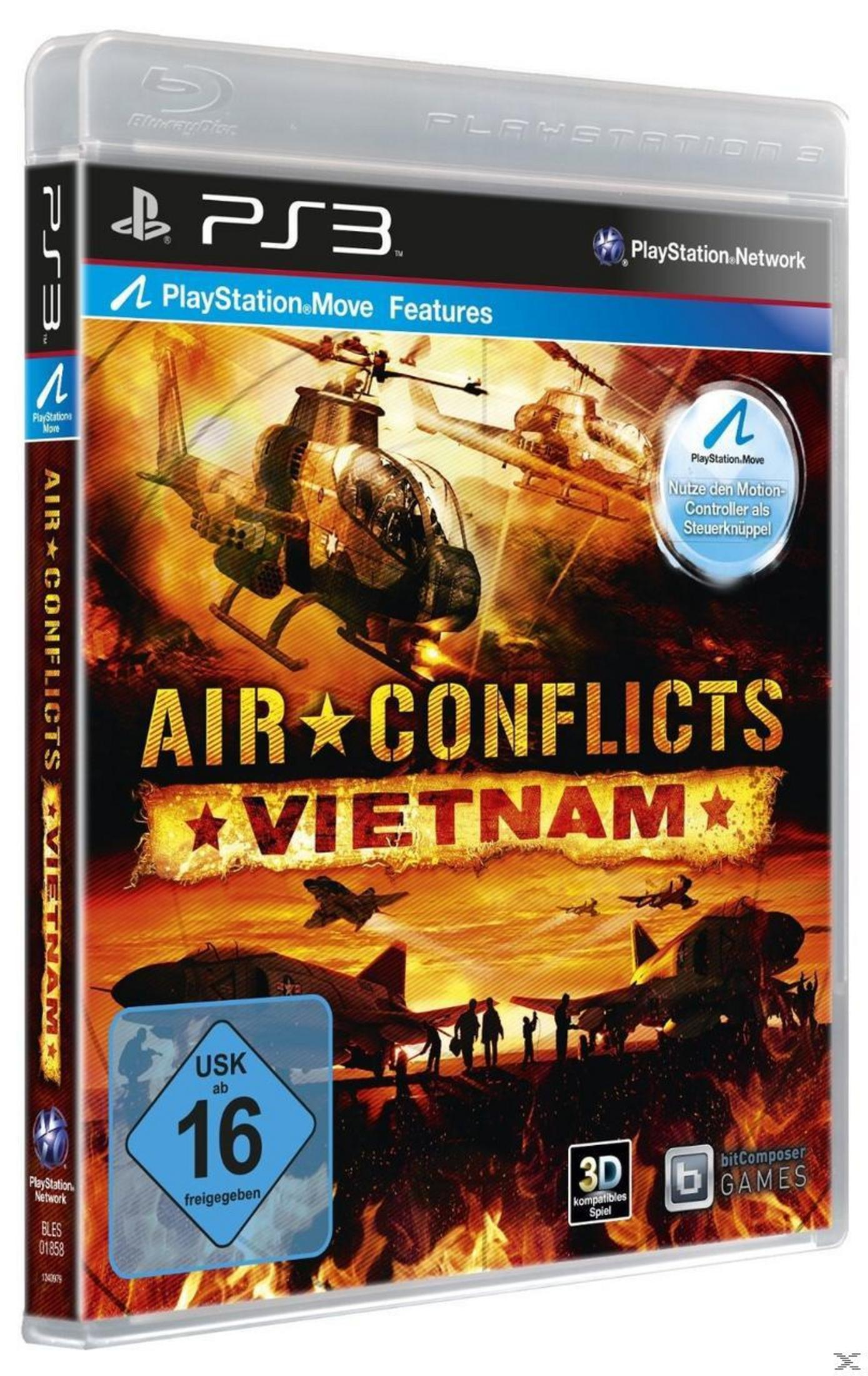 Air Conflicts: Vietnam-Spielcover. Hubschrauber und Flugzeuge in einem feurigen Himmel. USK-Bewertung sichtbar. PS3-Logo.