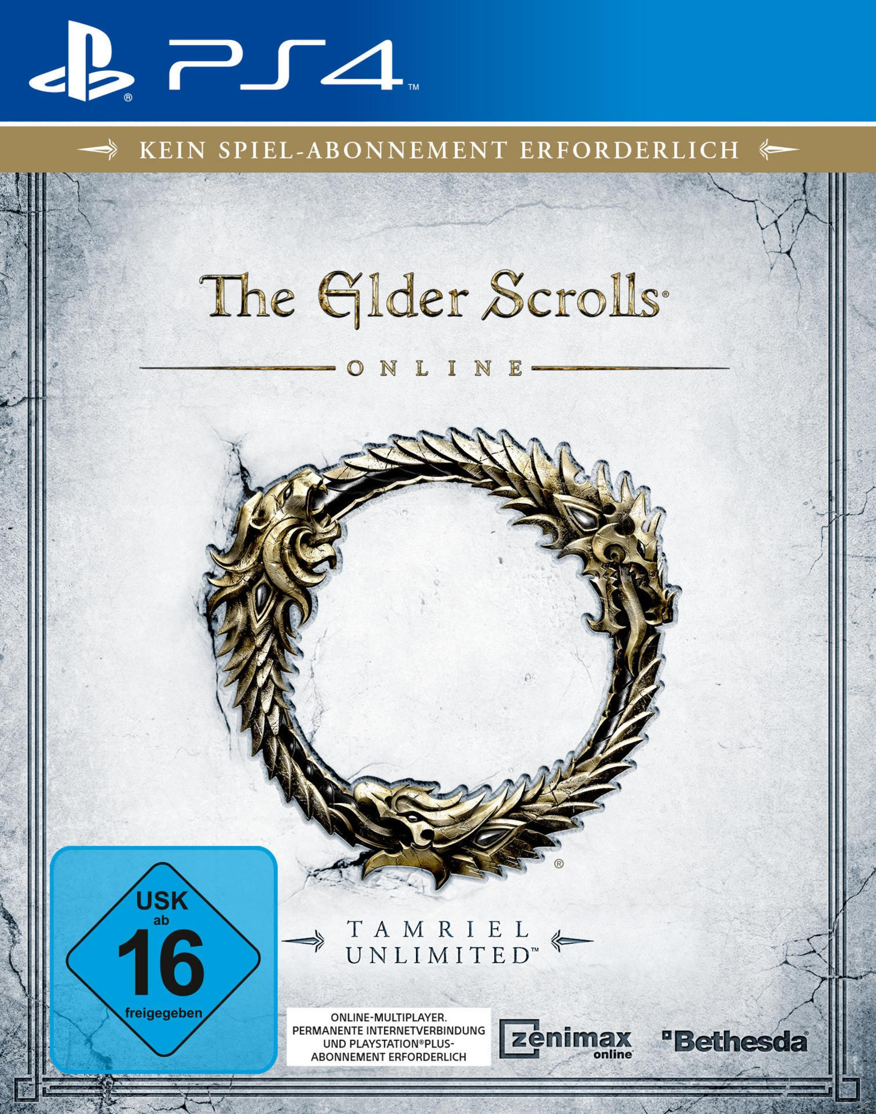 The Elder Scrolls Online-Spielcover. Ein goldenes kreisförmiges Design auf grauem Hintergrund. PS4-Logo oben.