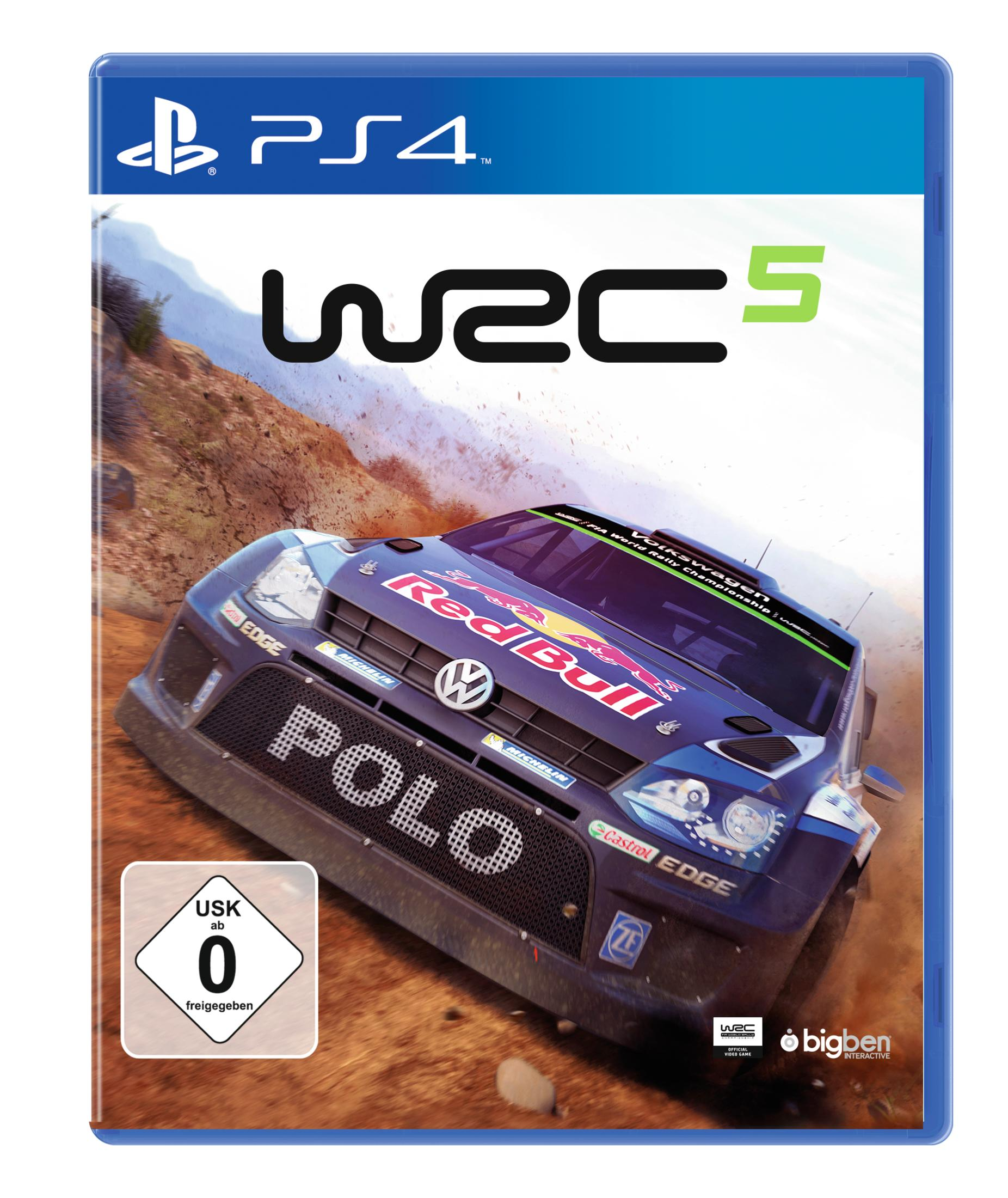 WRC 5 Spielcover. Ein blaues Rallyeauto auf einer Dirt-Strecke mit dem Logo des Spiels. PS4-Logo oben.