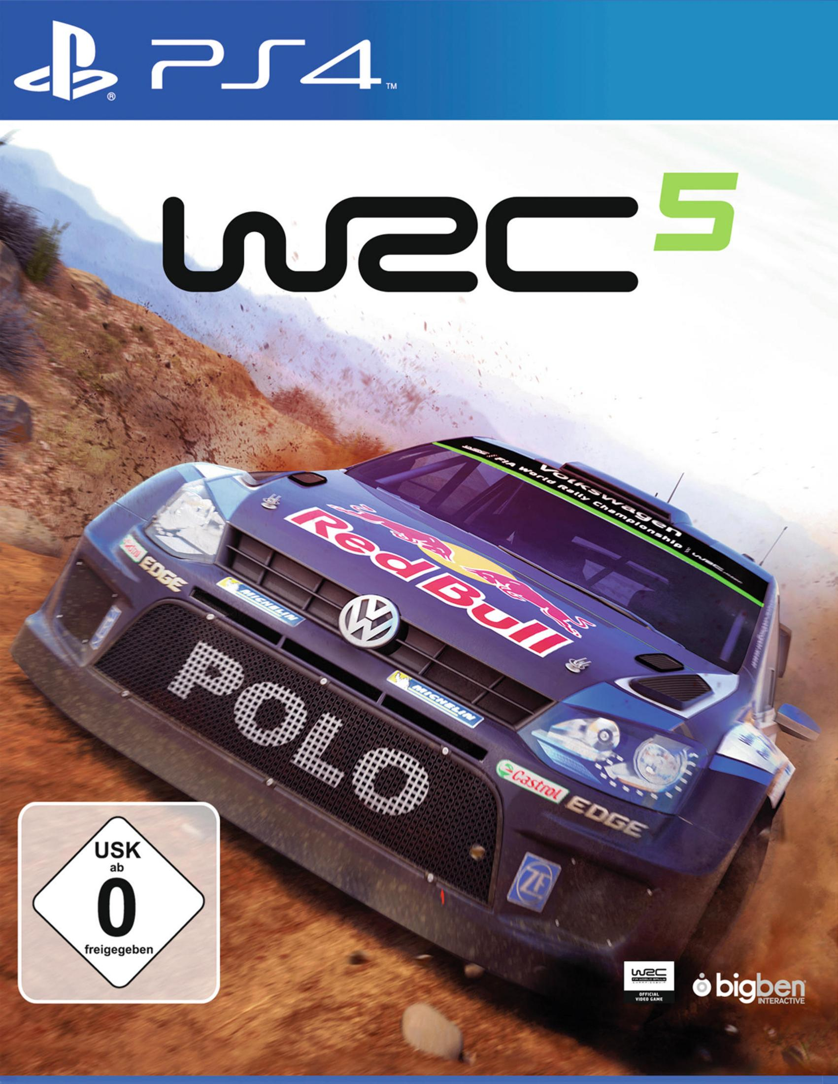 WRC 5 PS4-Spielcover mit Rallyeauto auf einer Schotterstraße und Spieldetails. Blauer Hintergrund.