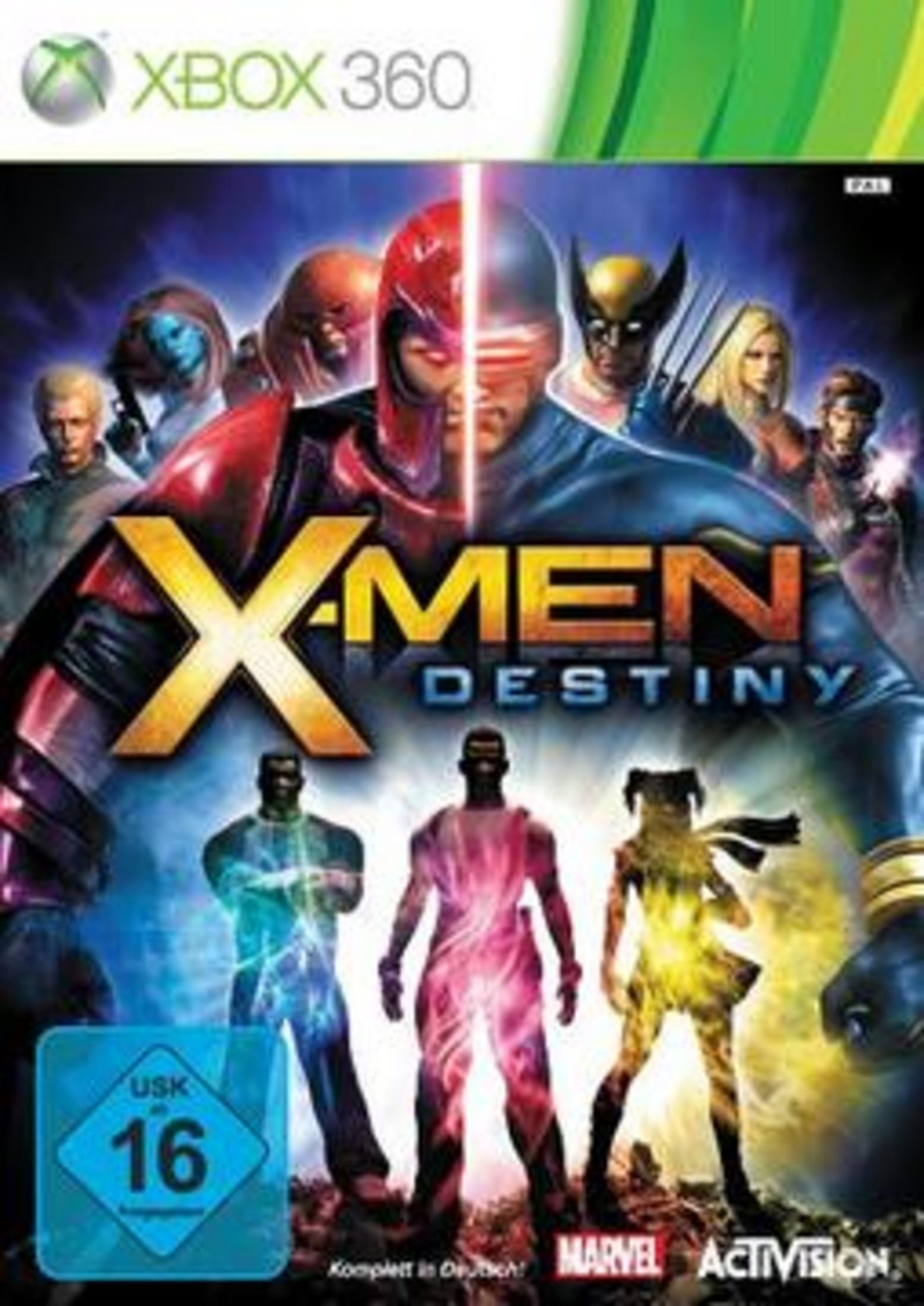 X-Men: Destiny-Spielbox-Artwork. Charaktere vor einem gelben X. Blaue und rote Töne dominieren das Cover.
