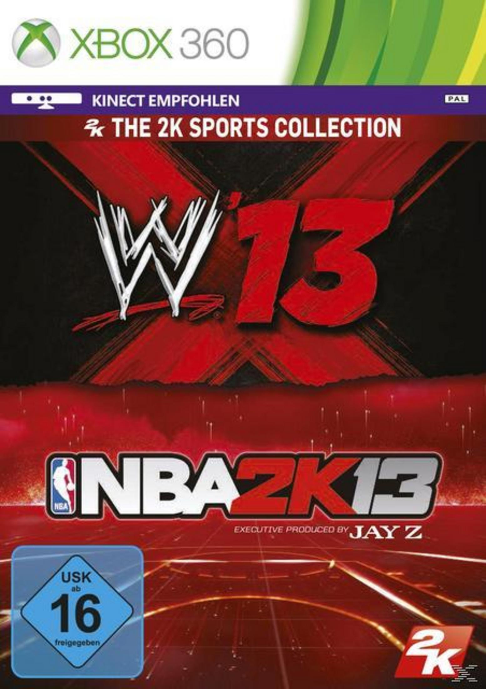 WWE '13 und NBA 2K13 Spielbox. Roter Hintergrund, weißes W-Logo, Spieletitel, für Xbox 360.