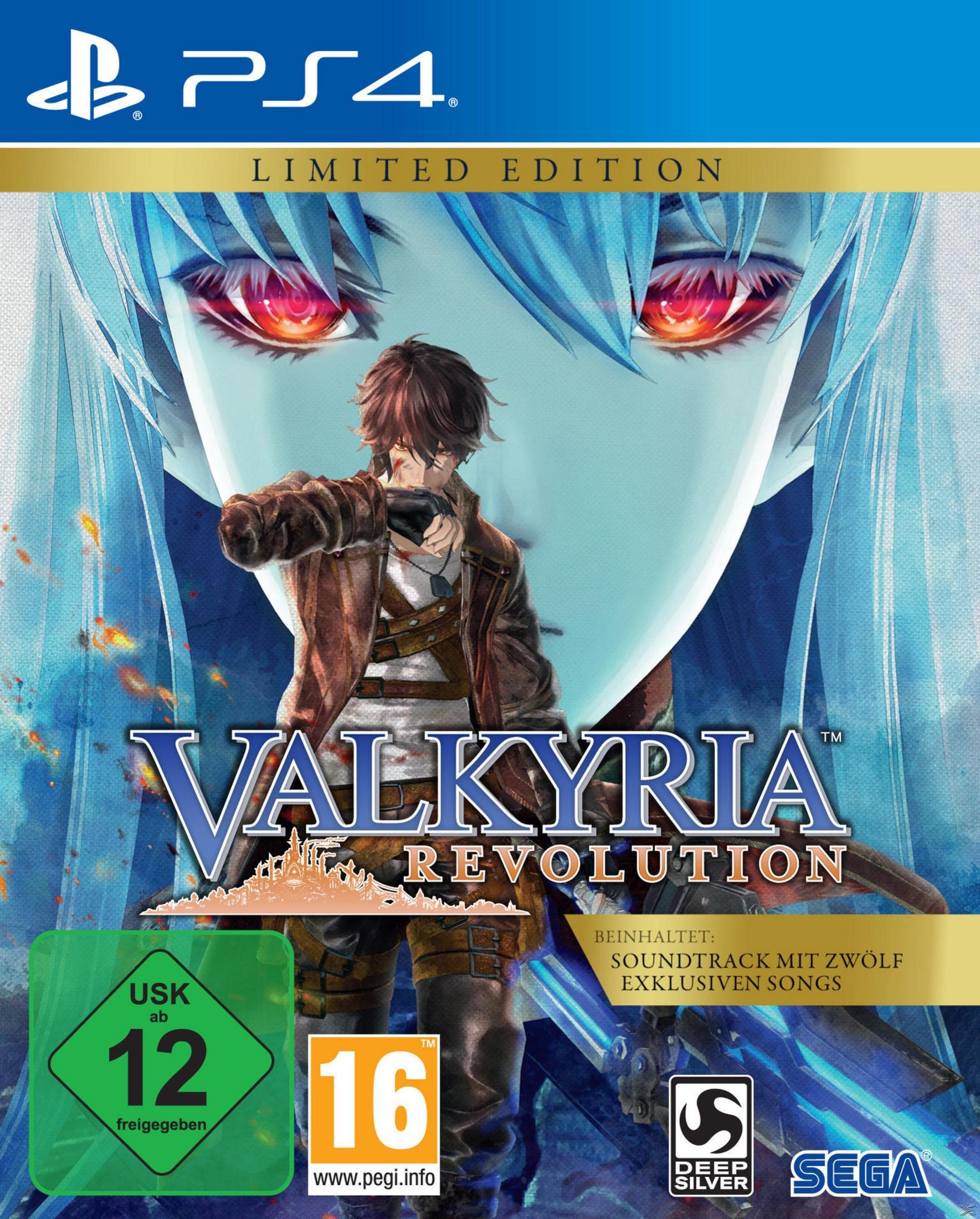 Okładka gry Valkyria Revolution na PS4. Pokazano kobietę z niebieskimi włosami i mężczyznę z bronią.