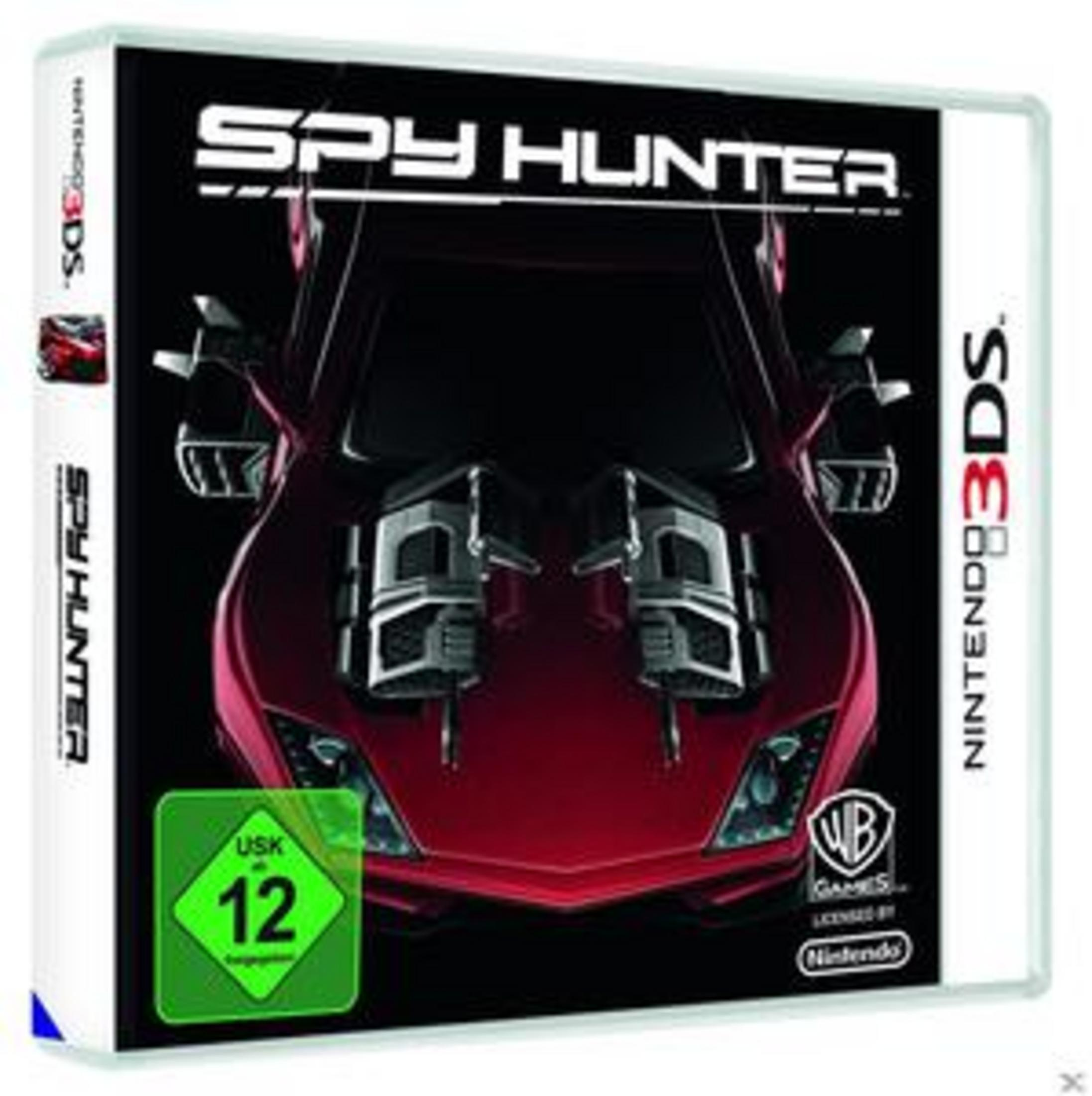 Spy Hunter Spielbox. Rotes Auto mit Maschinengewehren auf dem Cover, Nintendo 3DS Logo.