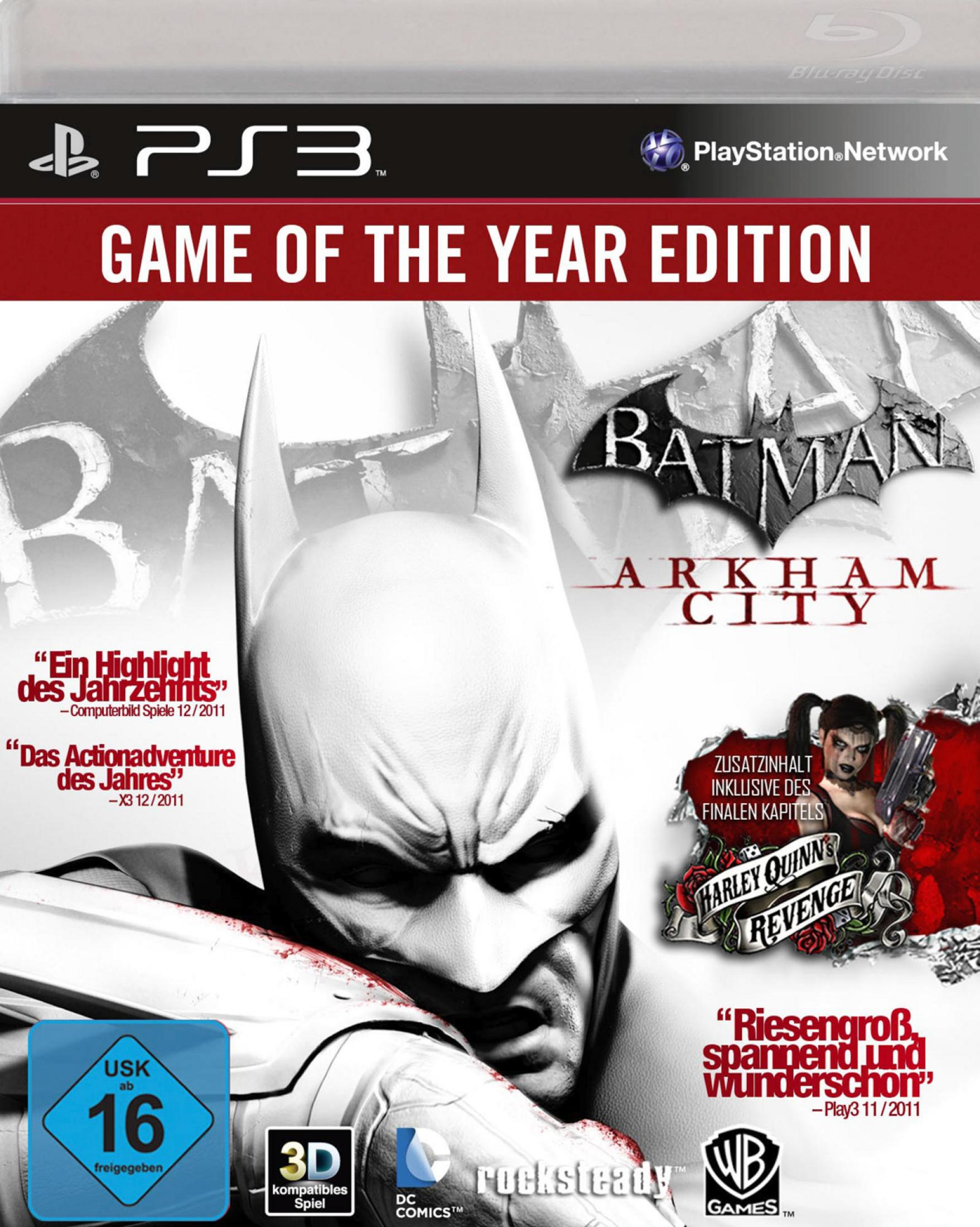 Batman: Arkham City - Game of the Year Edition Cover. Batmans Gesicht steht im Mittelpunkt, mit Harley Quinn und dem Spieletitel.