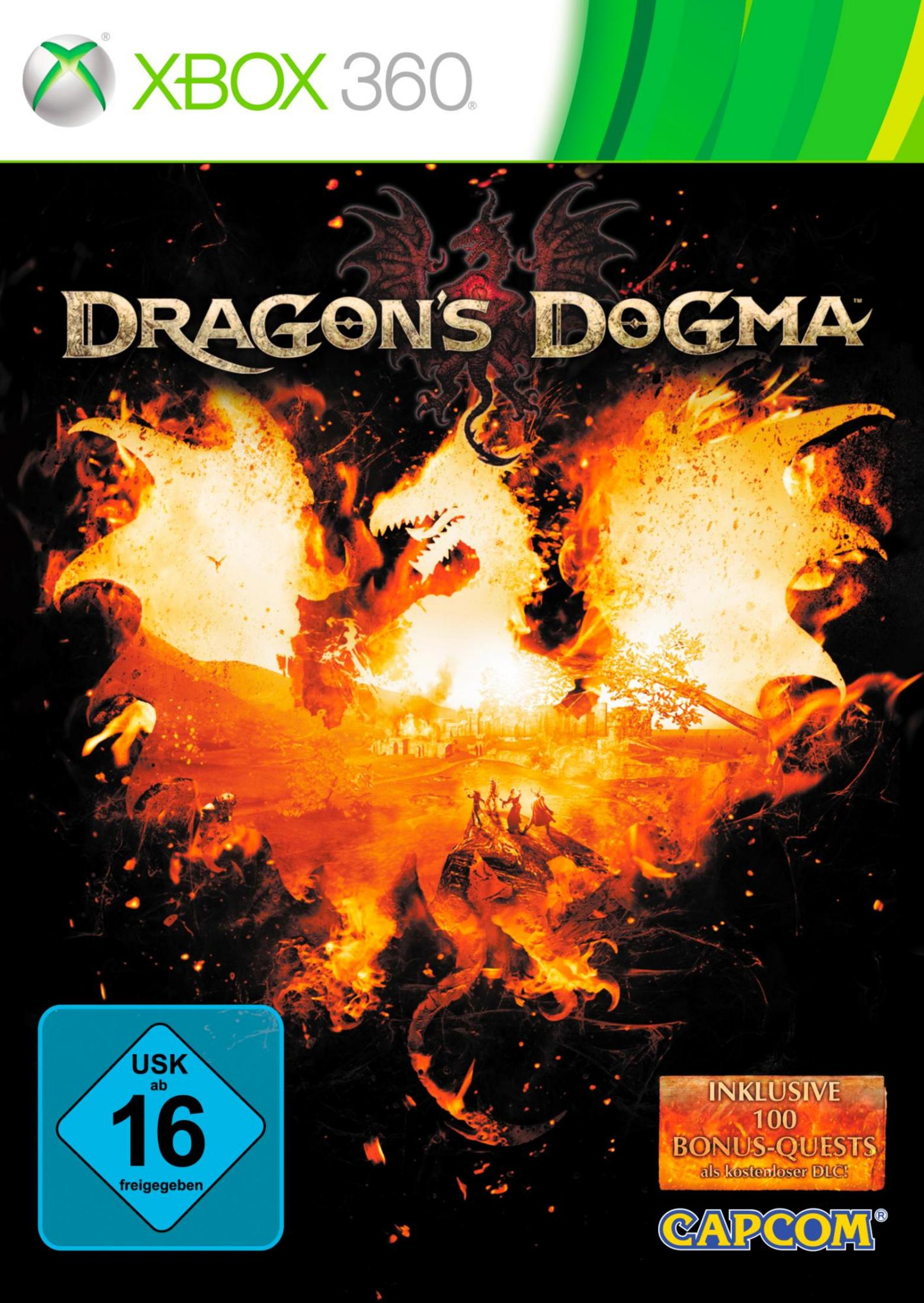 Dragon's Dogma Xbox 360 Spielcover. Ein Drache speit Feuer. Das Spiel-Logo ist prominent.