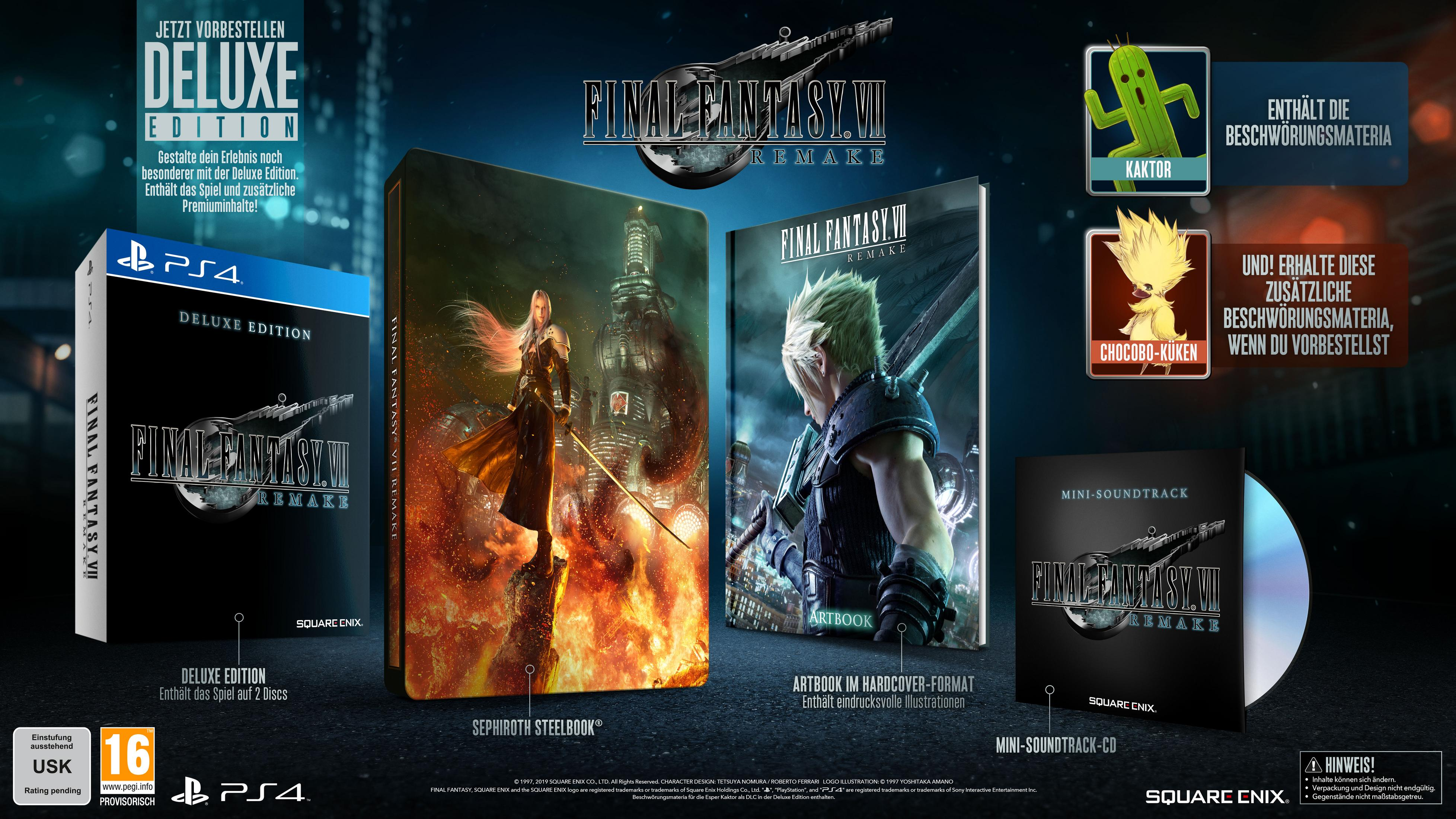 Final Fantasy VII Remake Deluxe Edition Box-Set. Es enthält das Spiel, Steelbook, Artbook und Soundtrack.