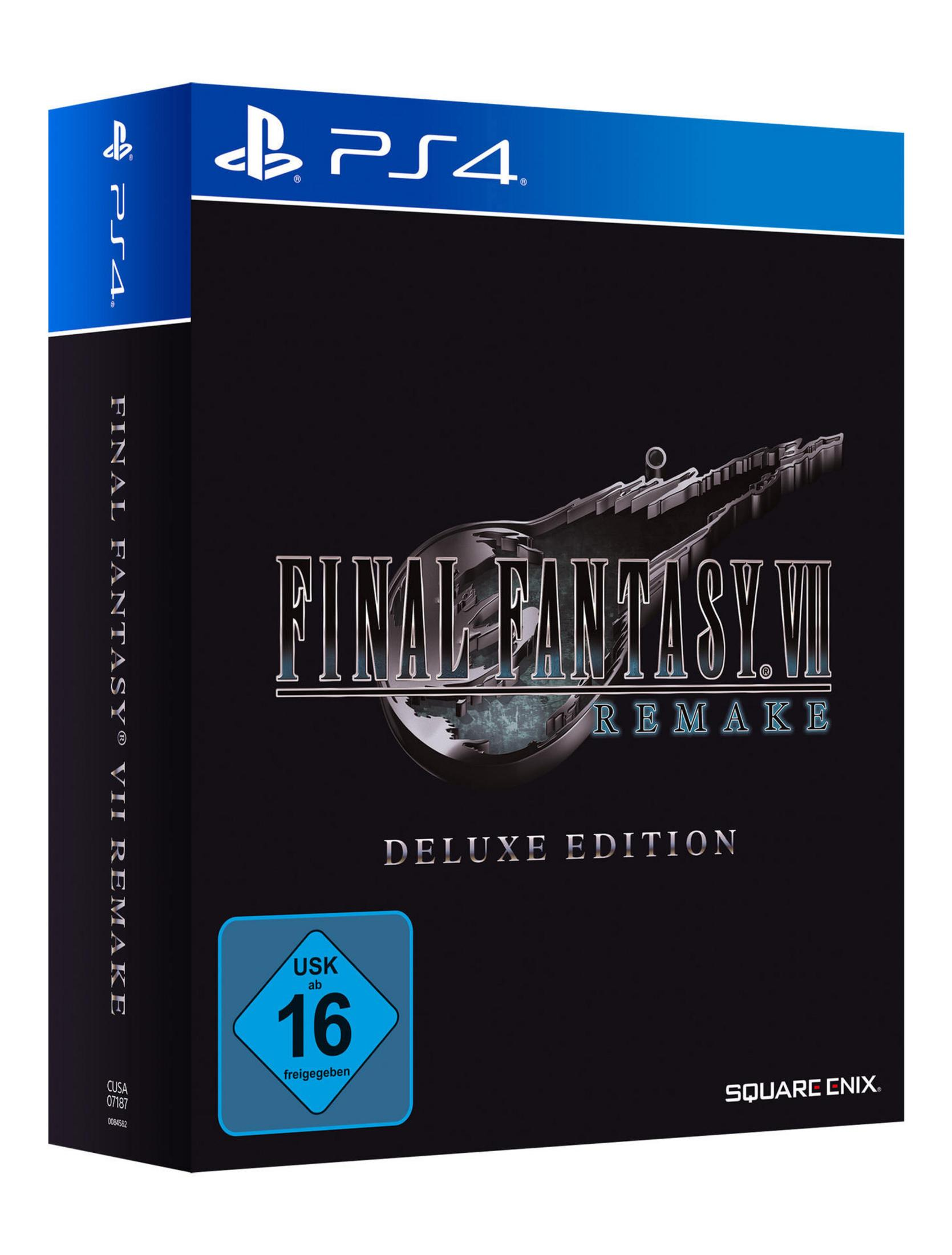 Final Fantasy VII Remake Deluxe Edition-Spielcover für PS4. Zeigt das Spiel-Logo und einen schwarzen Hintergrund.