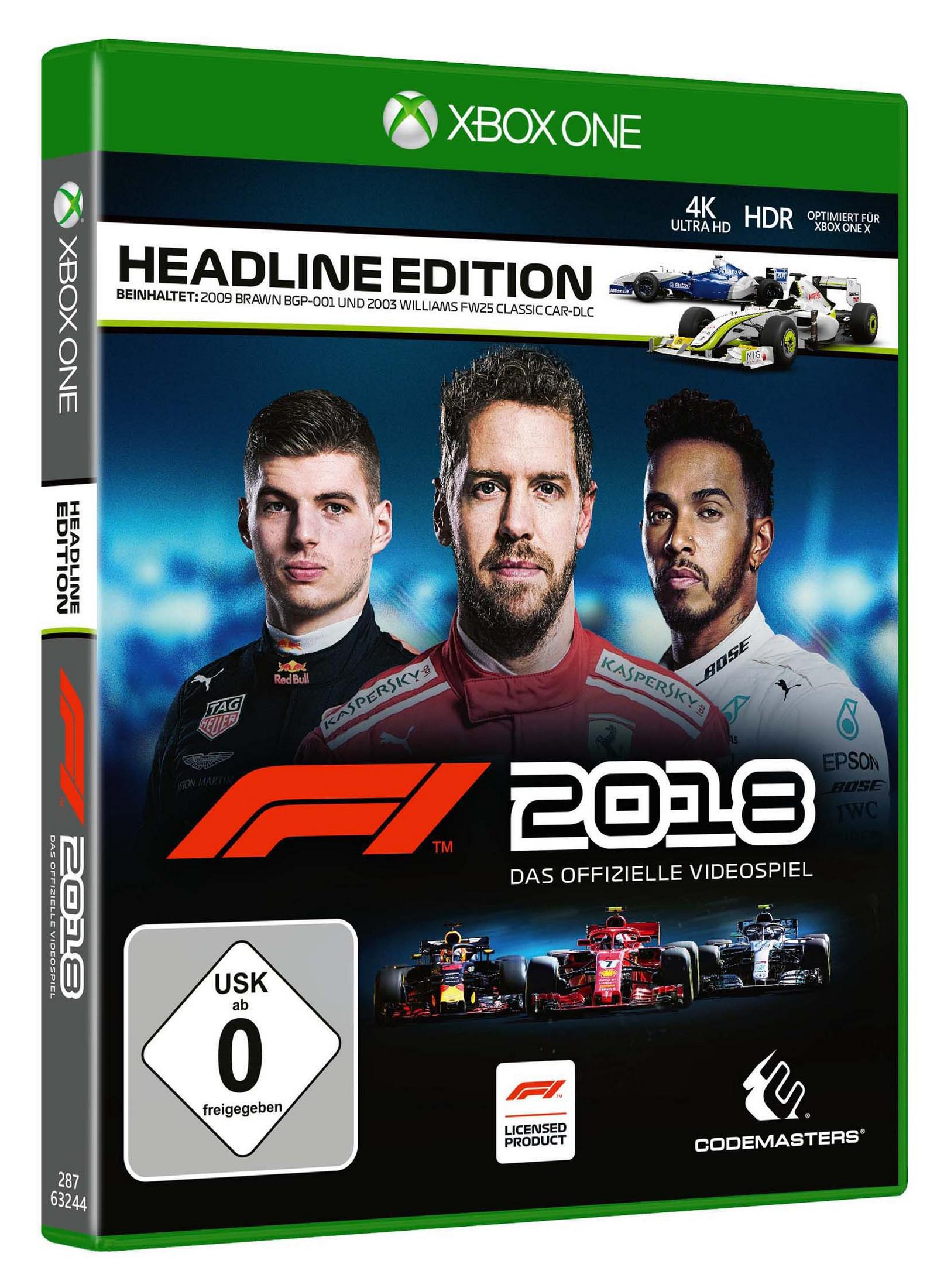 F1 2018 Spielverpackung. Zeigt Fahrer, Autos und den Titel des Spiels. Xbox One Logo oben links.