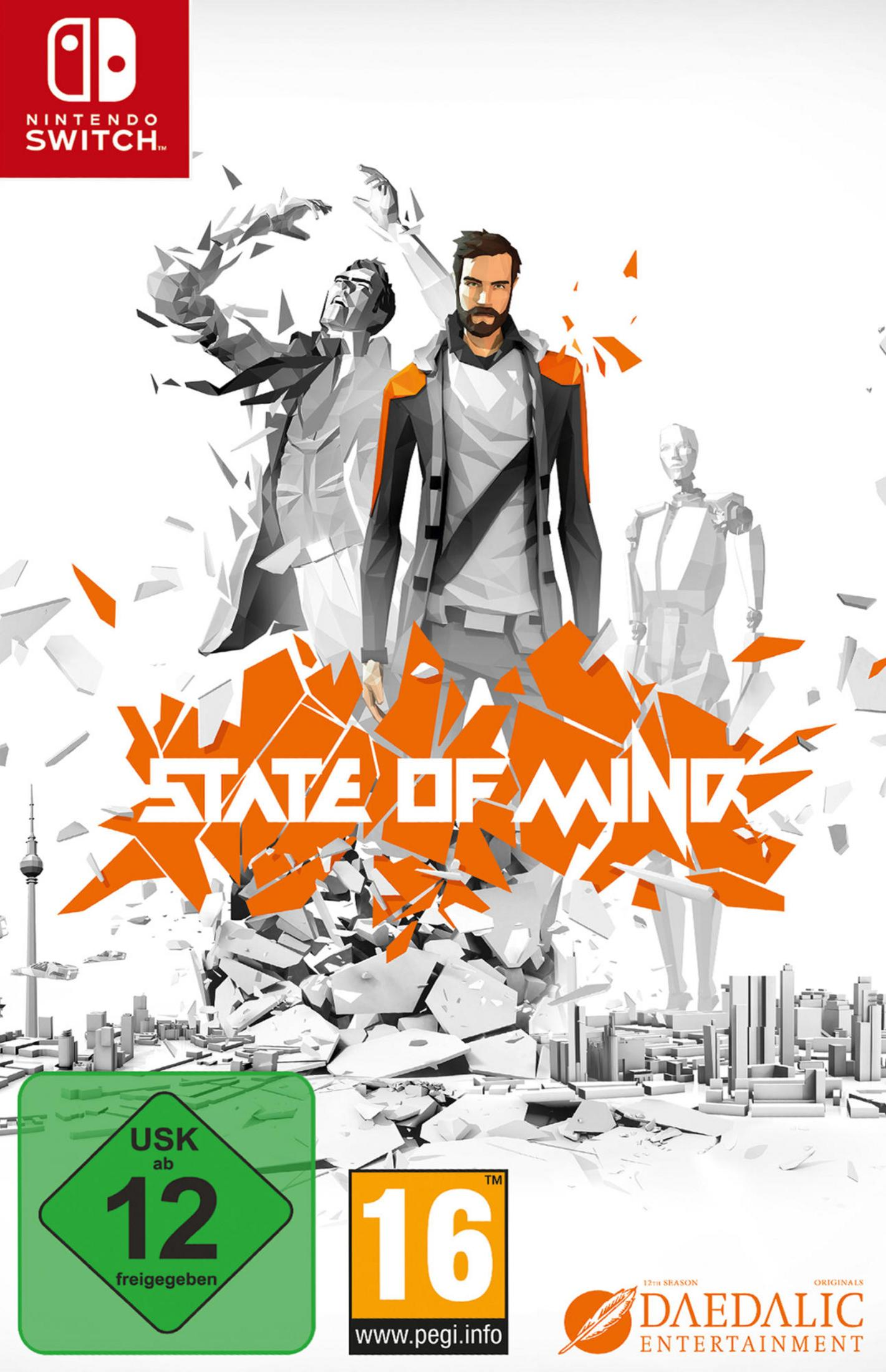 State of Mind Spielverpackung. Zeigt einen Mann mit orange-schwarzer Jacke und abstraktem Hintergrund. Nintendo Switch Logo.