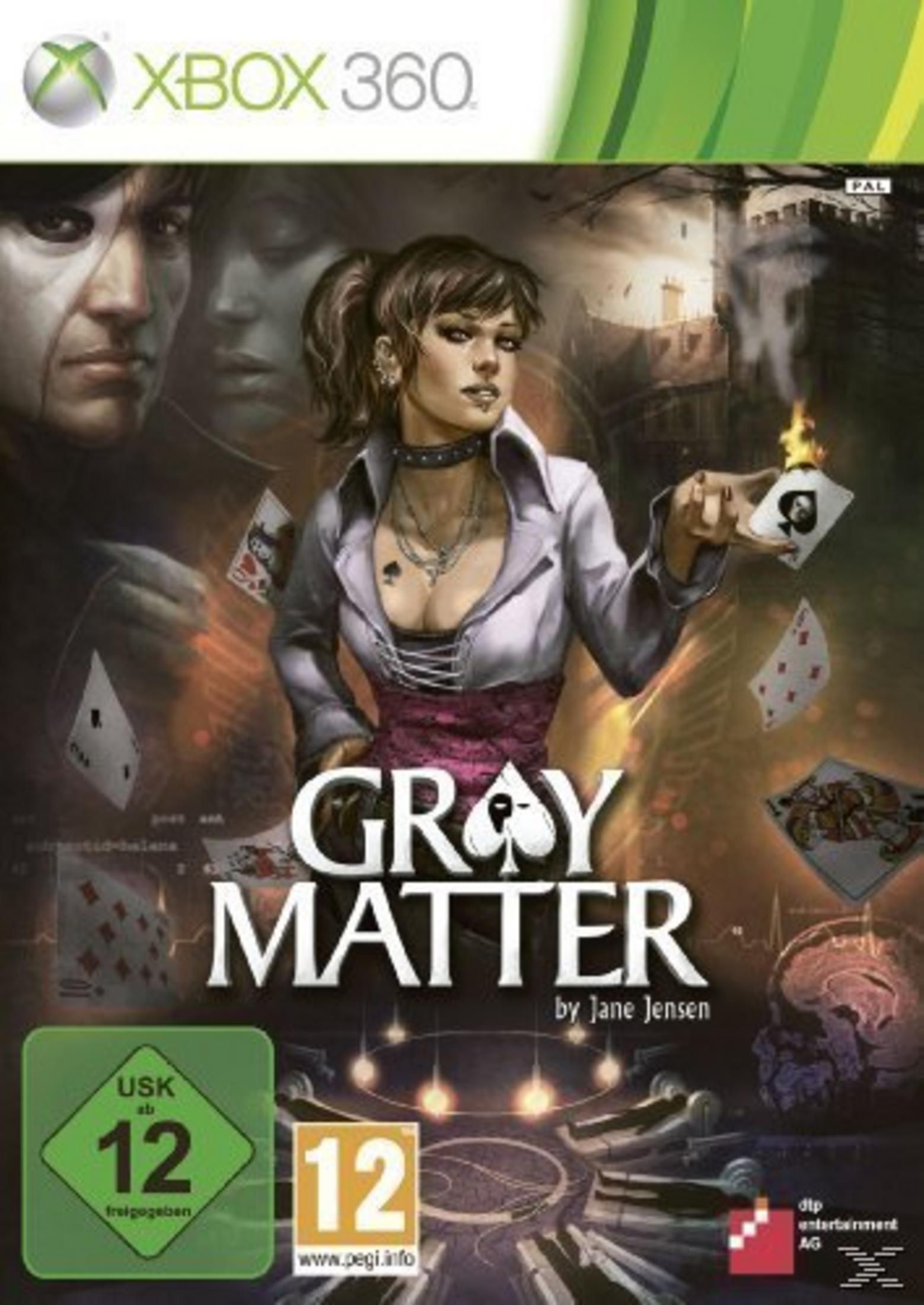 XBOX 360 Spielcover: Gray Matter. Eine Frau hält eine Spielkarte. Dunkler Hintergrund mit Gesichtern.