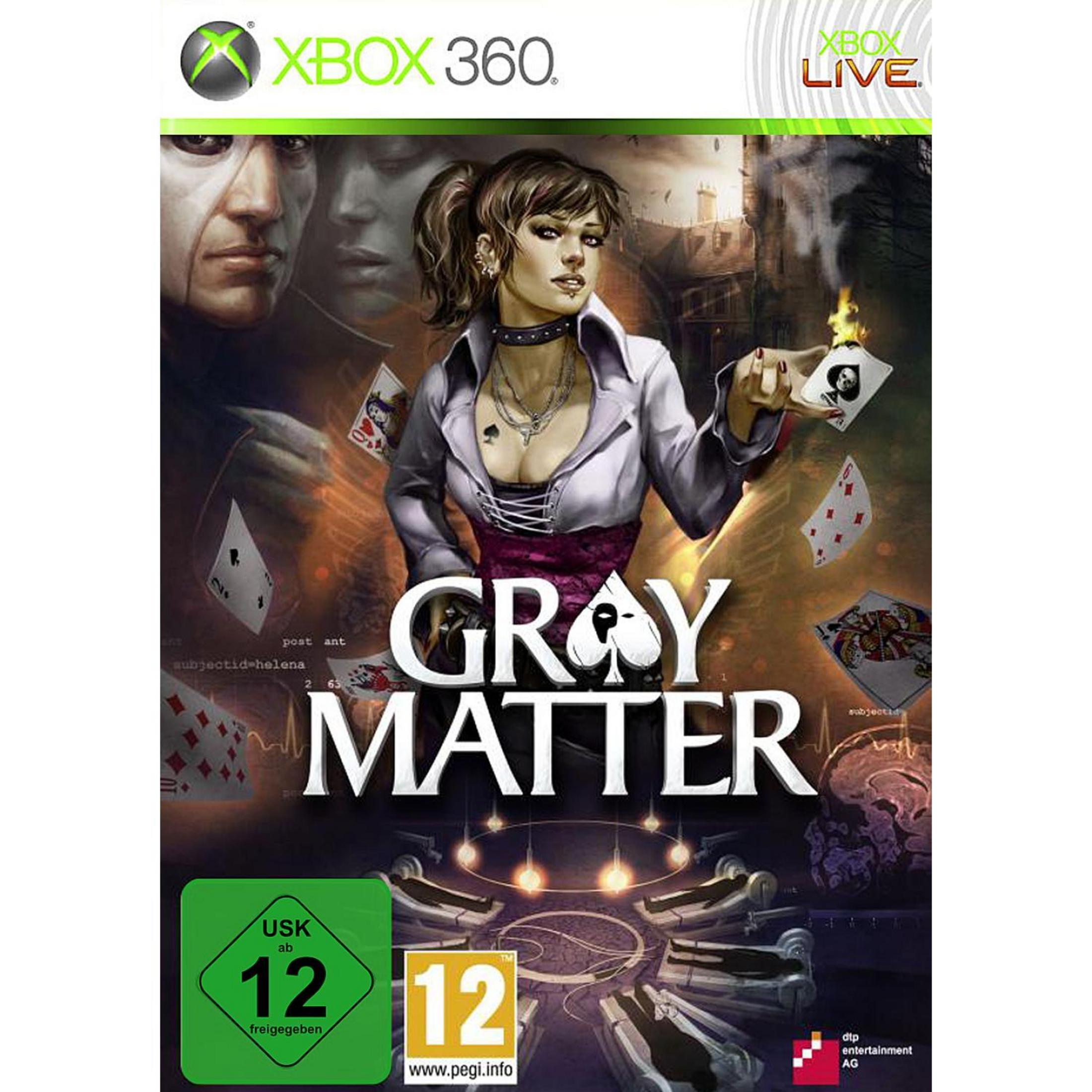 Xbox 360 Spielcover. Eine Frau hält Karten und der Titel 'Gray Matter' wird angezeigt.