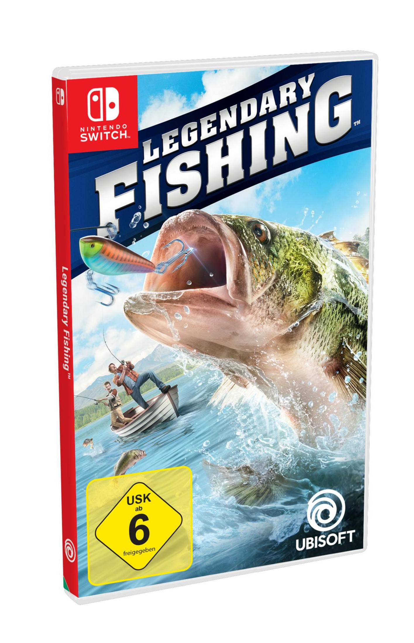 Nintendo Switch Spielcover: Legendary Fishing. Ein großer Fisch springt. Zwei Personen auf einem Boot.