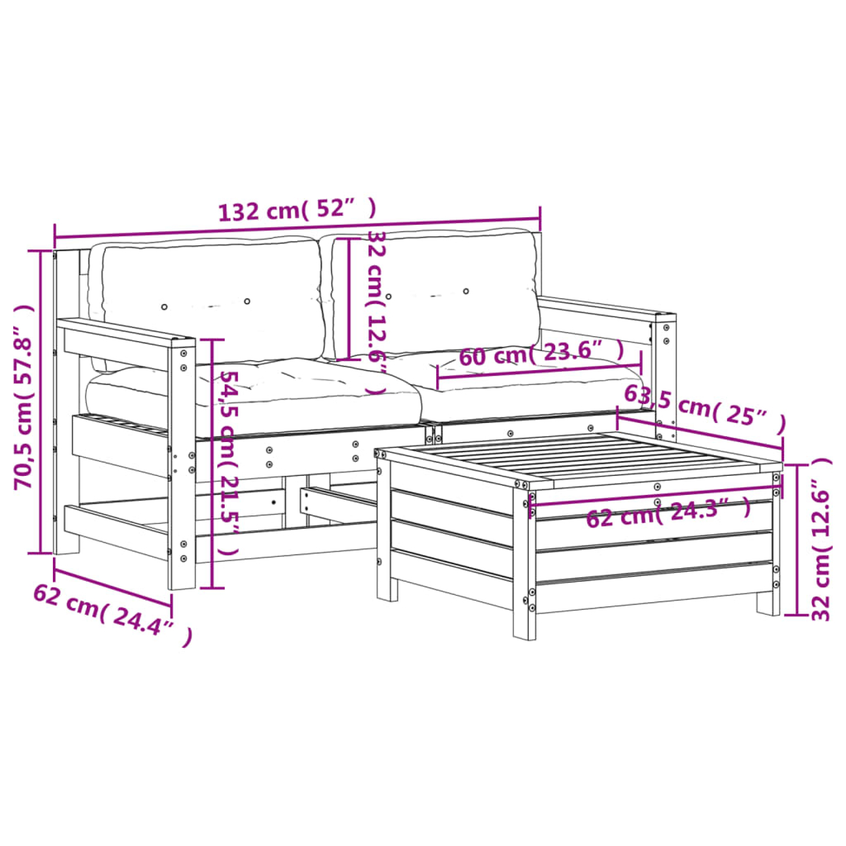 Diagramm eines hölzernen Outdoor-Sofasets mit Abmessungen in Zentimetern und Zoll. Inklusive Fußstütze.