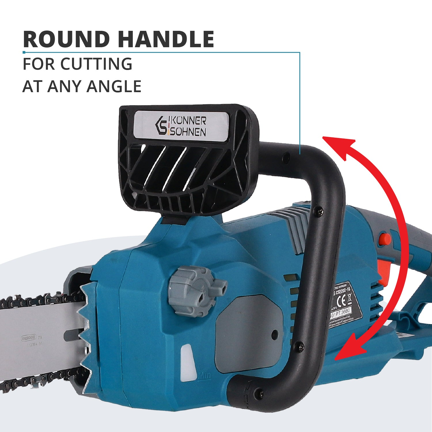 Niebiesko-czarna piła łańcuchowa z zakrzywionym uchwytem. Tekst na narzędziu mówi: okrągły uchwyt do cięcia.