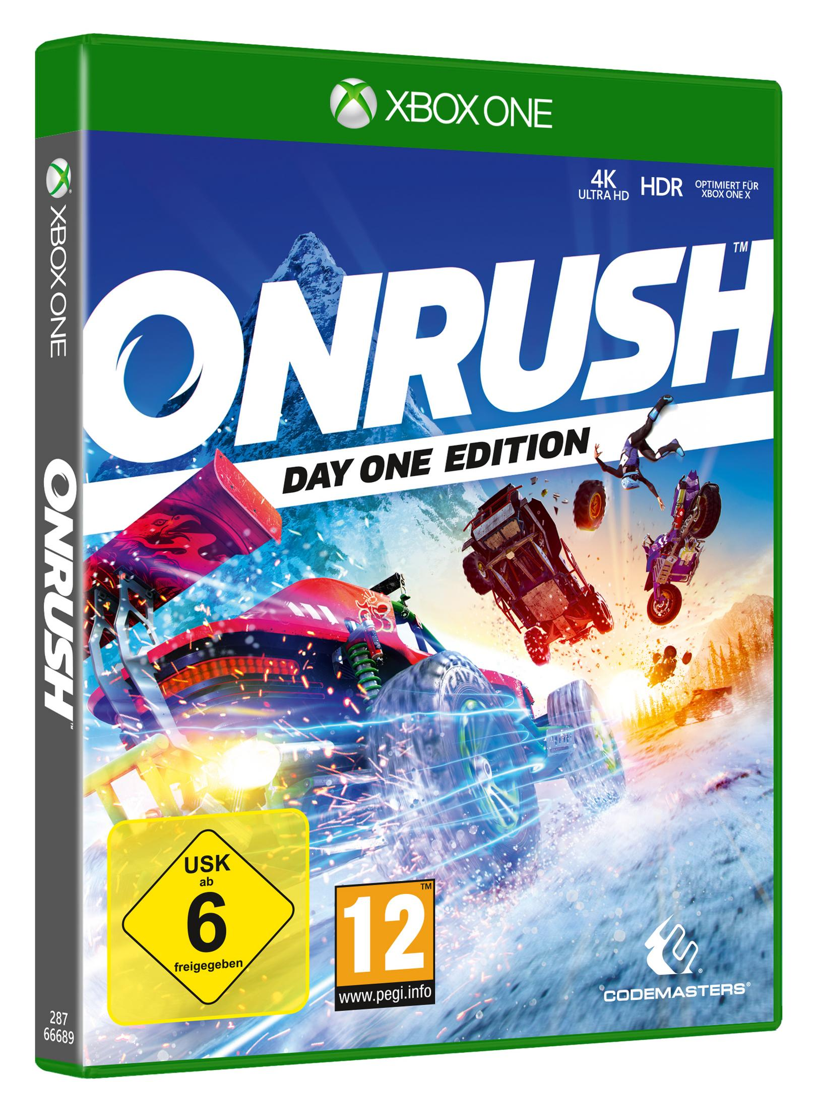 Onrush Day One Edition Xbox One Spielbox-Art. Das Cover hat verschiedene Rennfahrzeuge. Das Farbschema ist blau und orange.